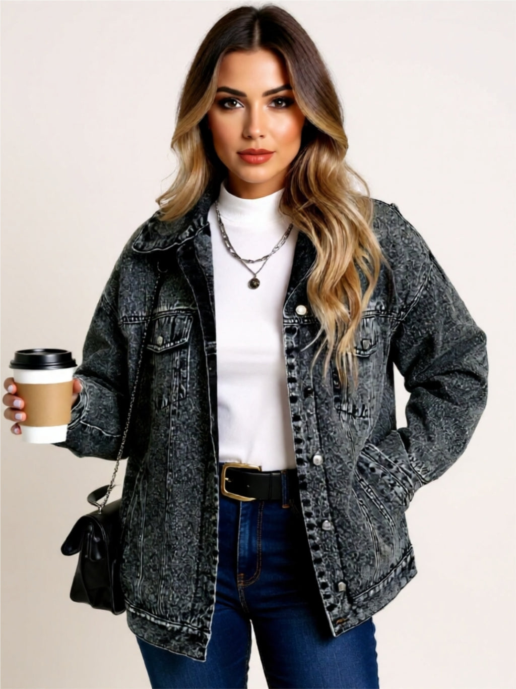 Oversized Acid Wash Denim Jacket with Pockets