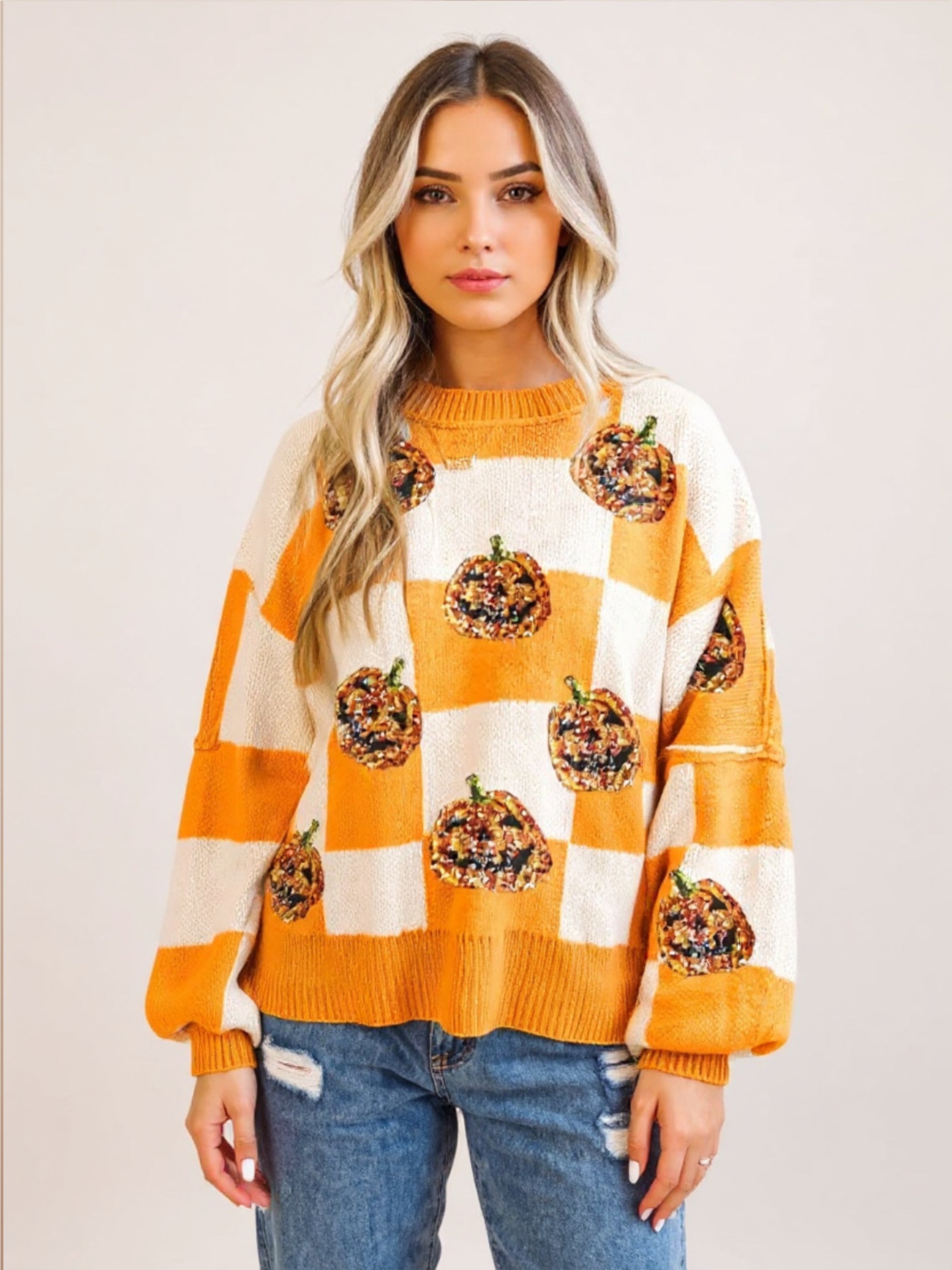 Pumpkin Checkered Round Neck Sweater