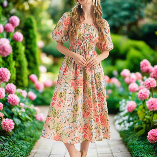 Floral Square Neck Puff Sleeve Midi Dress