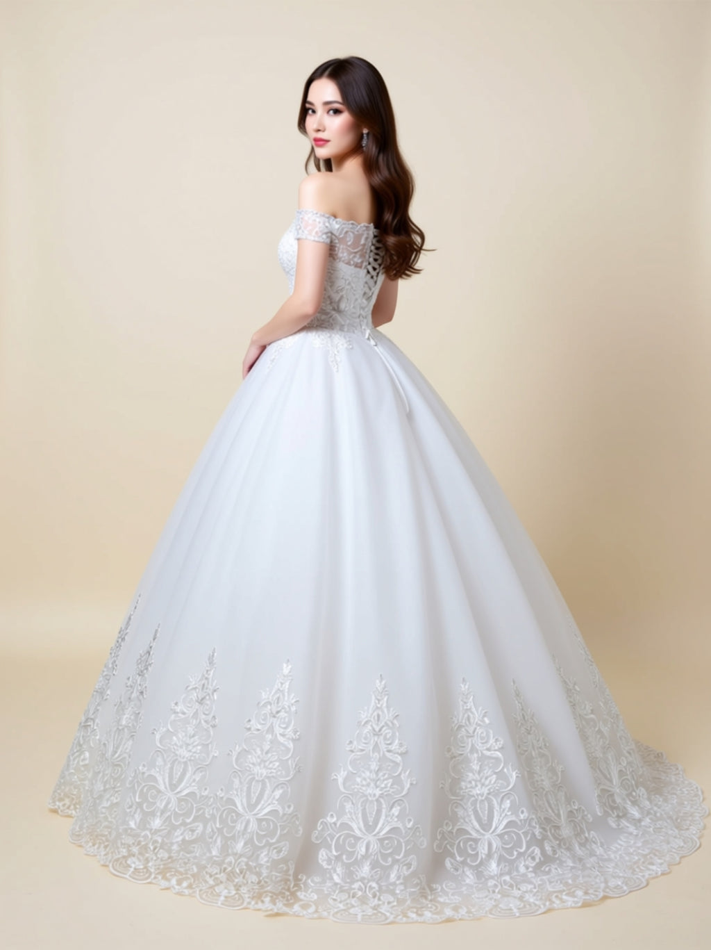 Off‑Shoulder Lace Ball Gown Wedding Dress