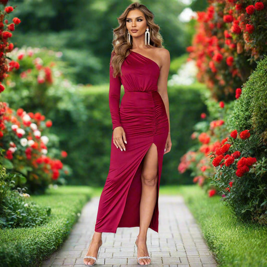 Red One Shoulder Ruched Maxi Dress with Slit