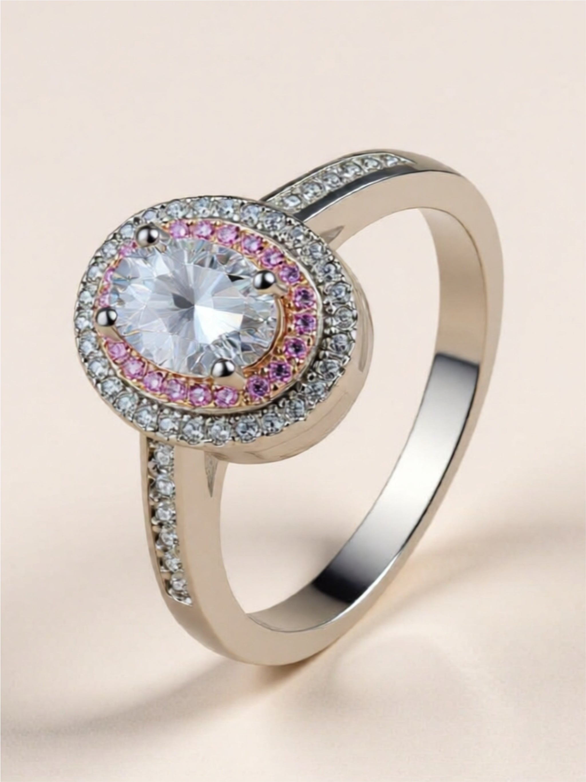 1 Carat Two Tone Pink Moissanite 925 Sterling Silver Halo Ring