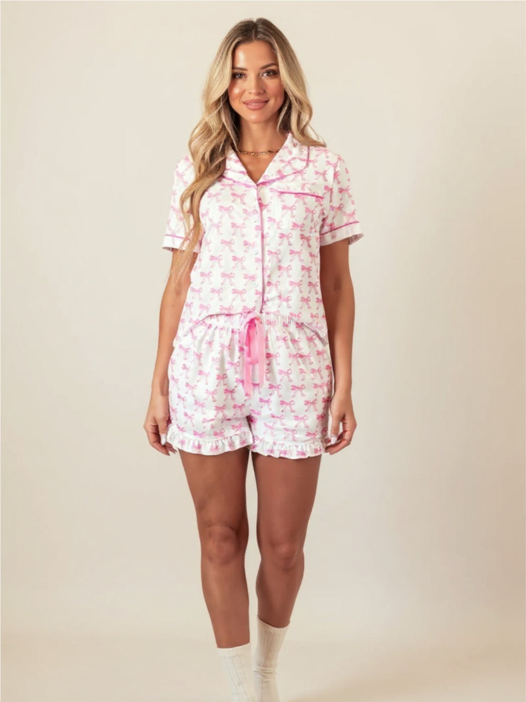 Pink & White Bow Shirt & Shorts Pajama Set