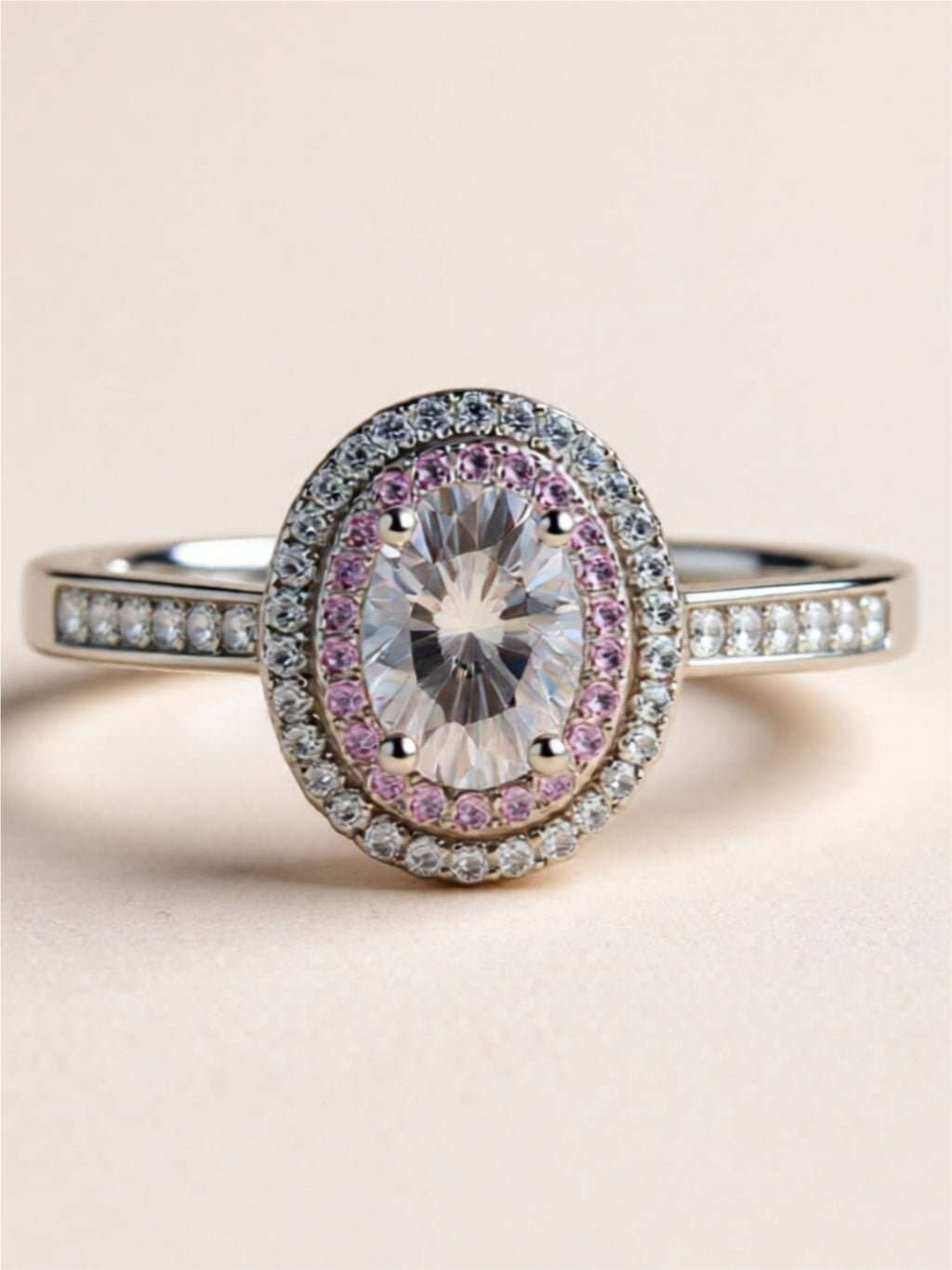 1 Carat Two Tone Pink Moissanite 925 Sterling Silver Halo Ring