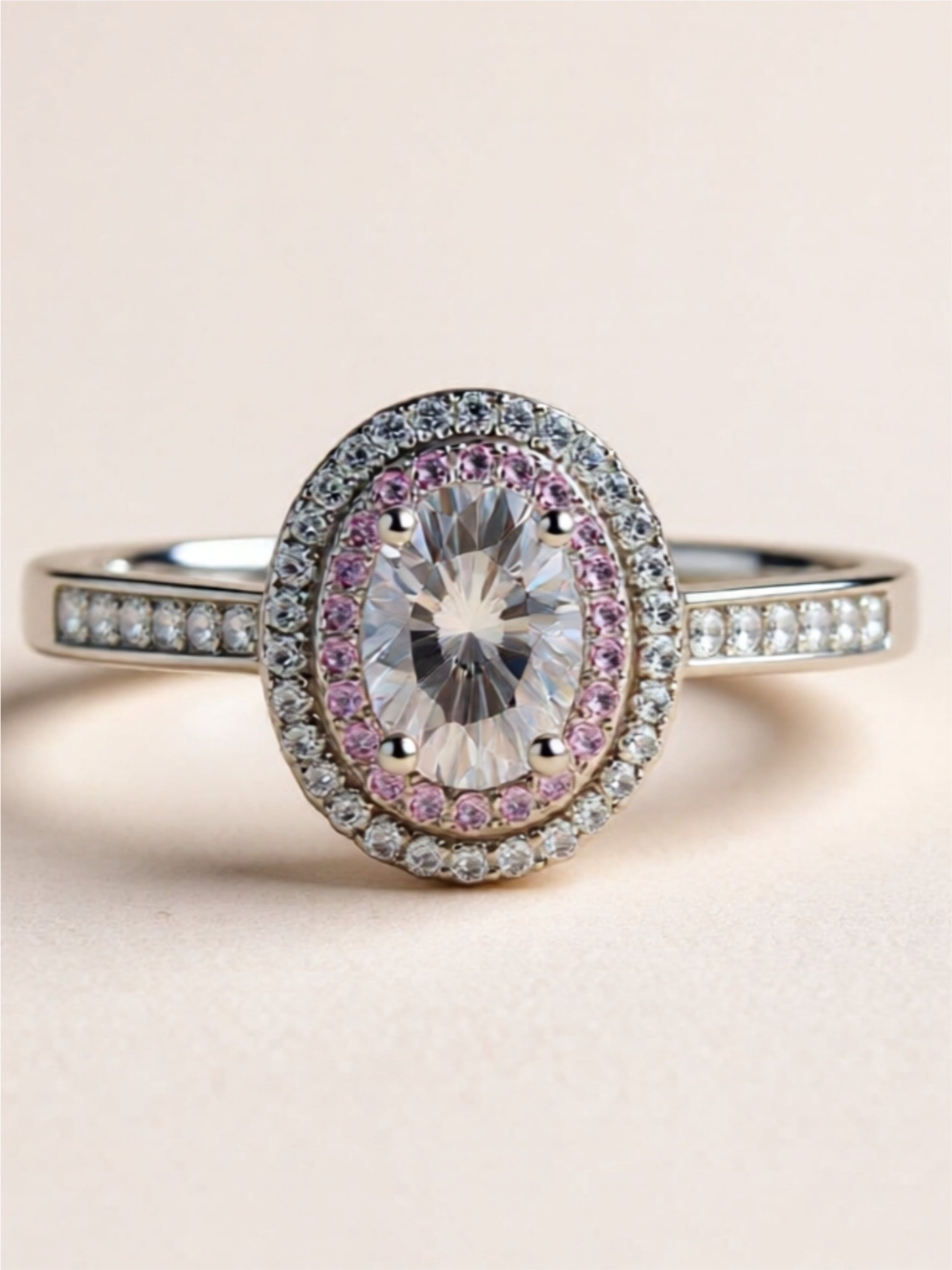 1 Carat Two Tone Pink Moissanite 925 Sterling Silver Halo Ring