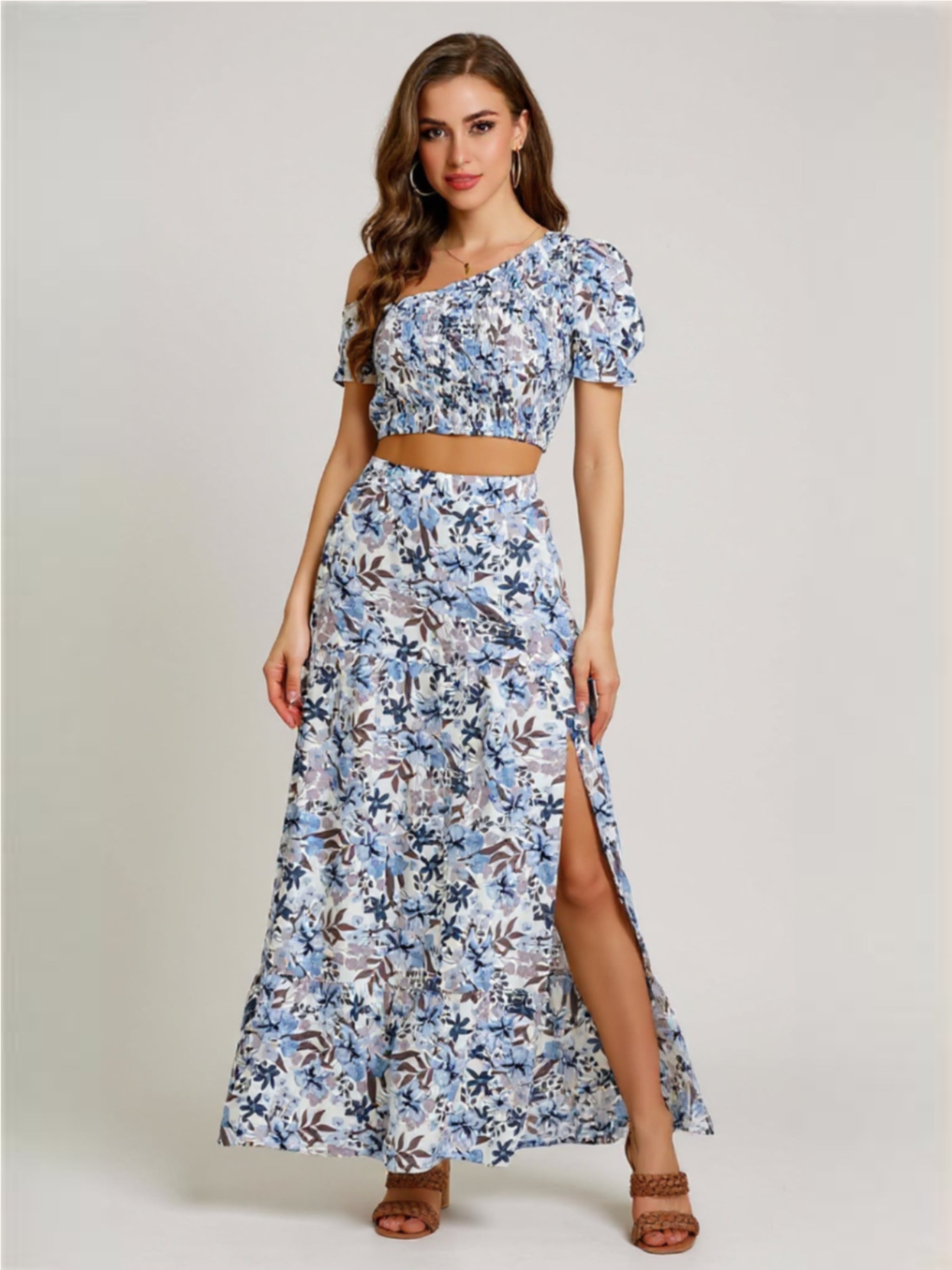 Floral Cropped Top & Split Skirt Set