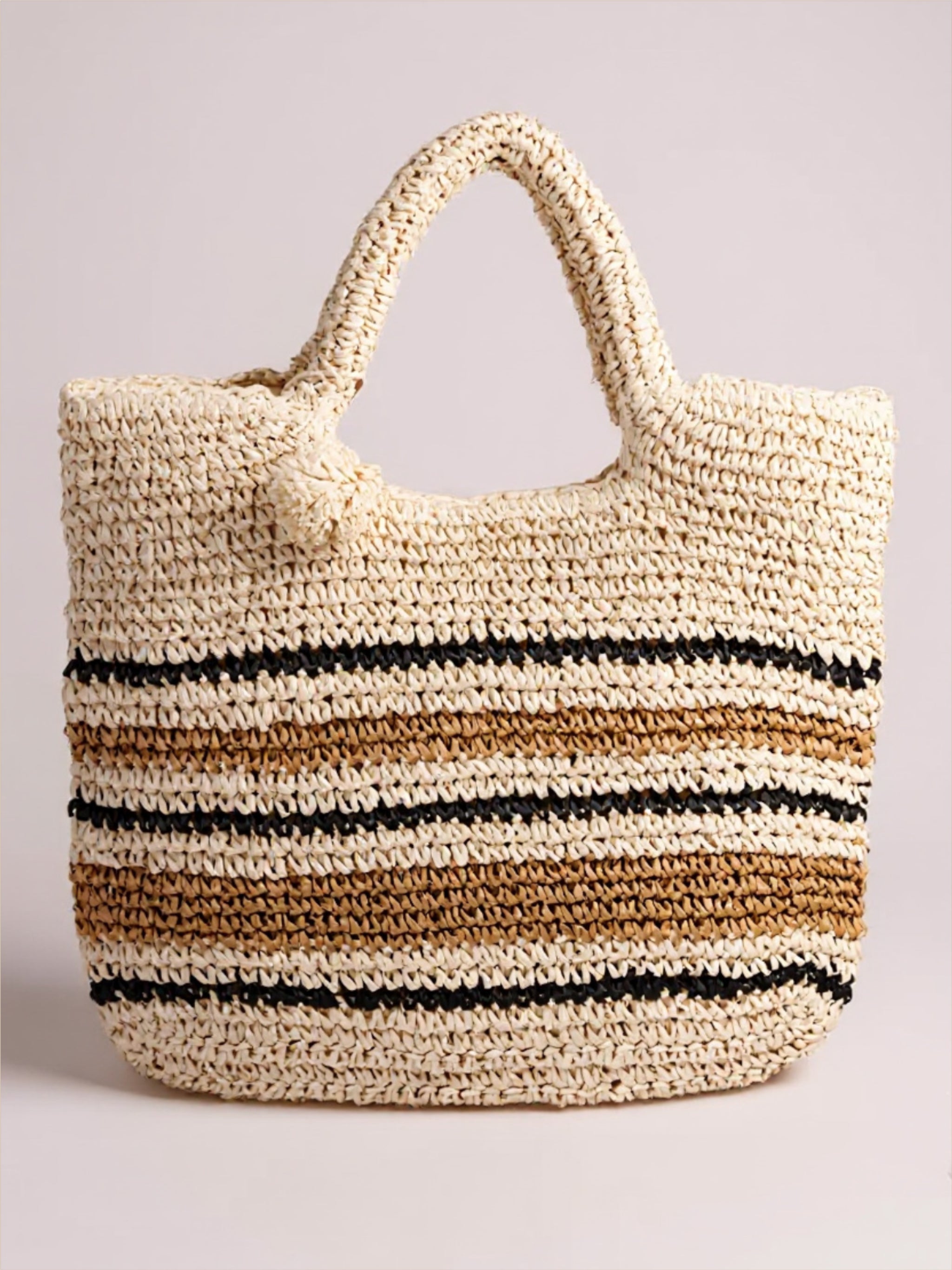 Striped Straw Braided Tote Bag