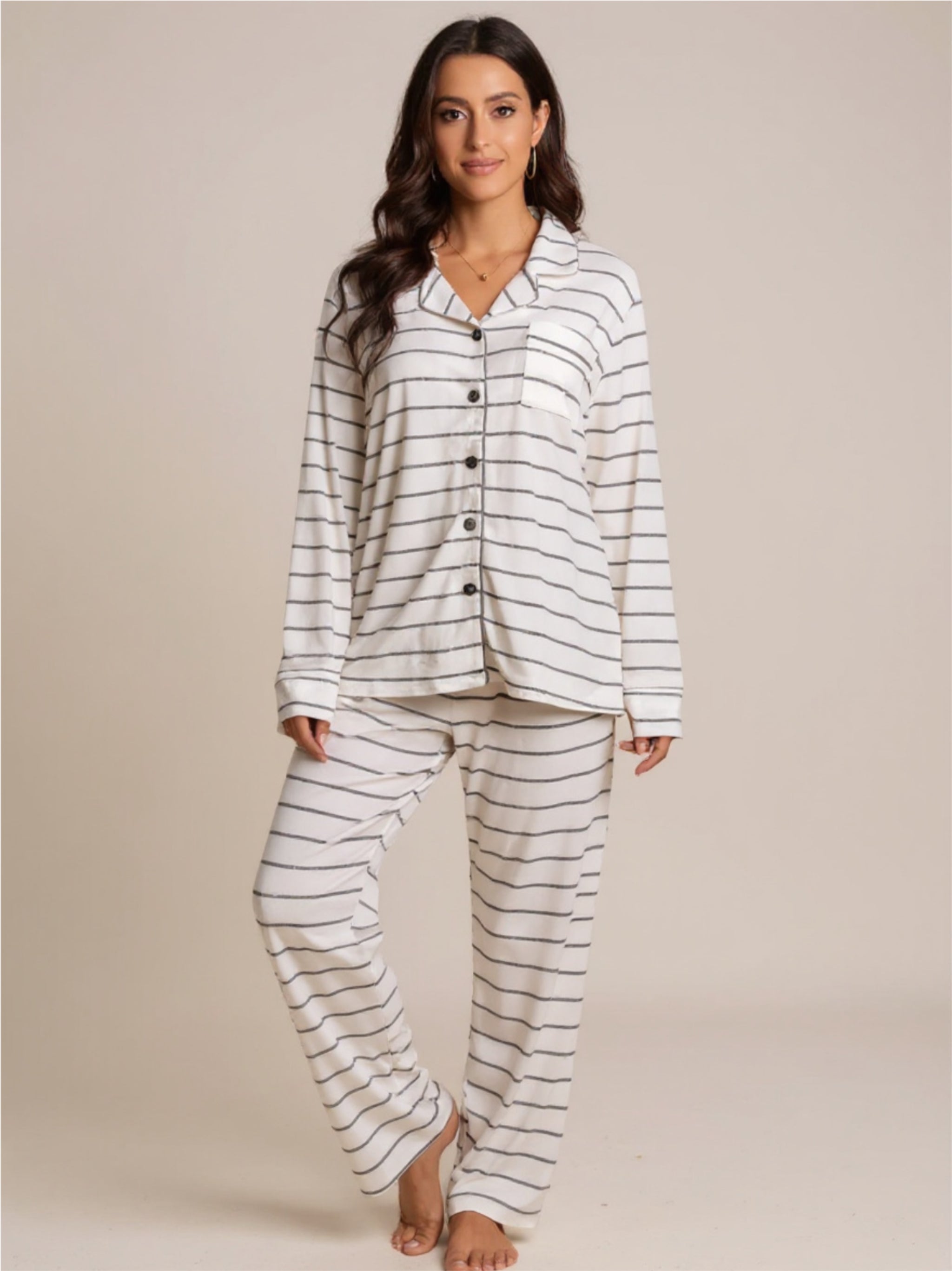 Striped V-Neck Long Sleeve Top & Pants Pajama Set