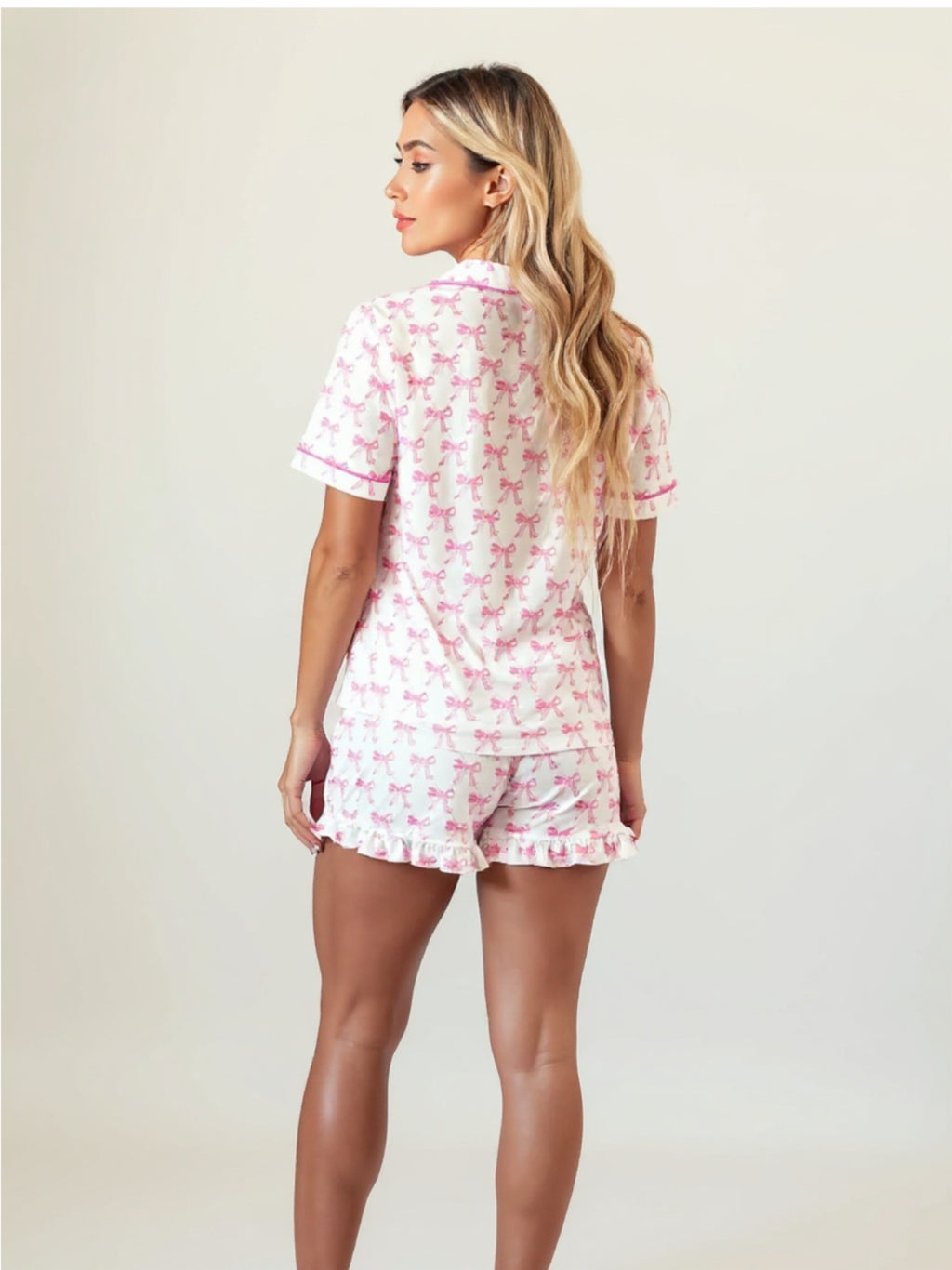 Pink & White Bow Shirt & Shorts Pajama Set