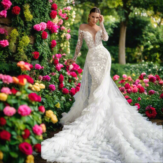 Off The Shoulder Lace A-Line Wedding Dress With Detachable Long Tulle Train