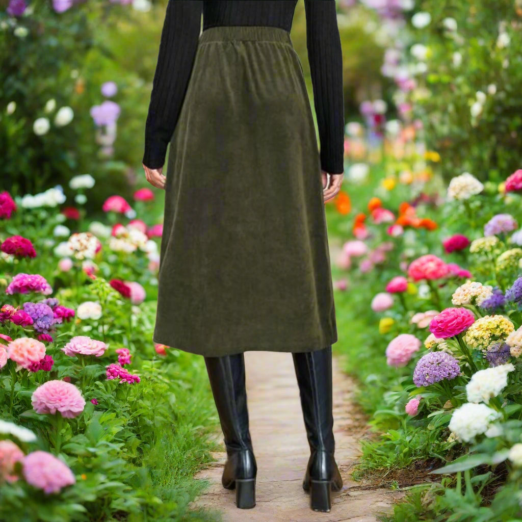 Army Green Elastic Waist Skirt with Pockets