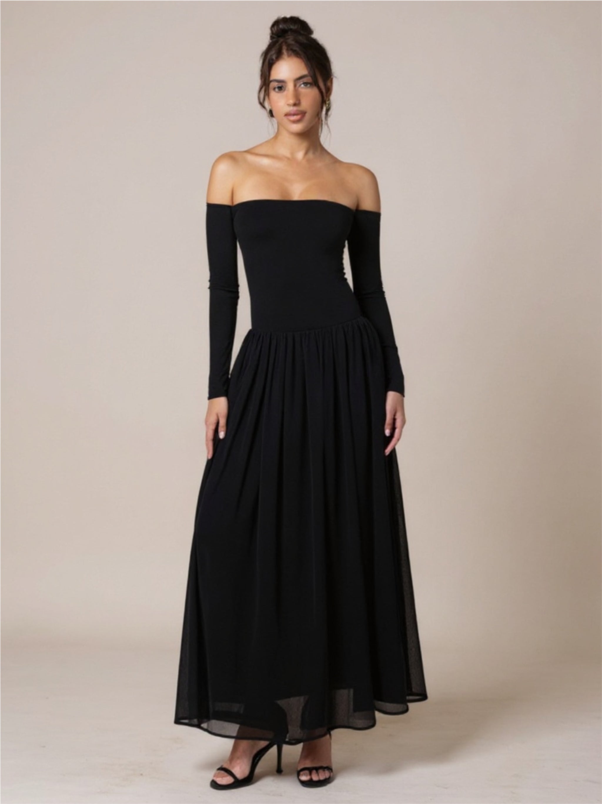 Black Off Shoulder Long Sleeve Maxi Dress