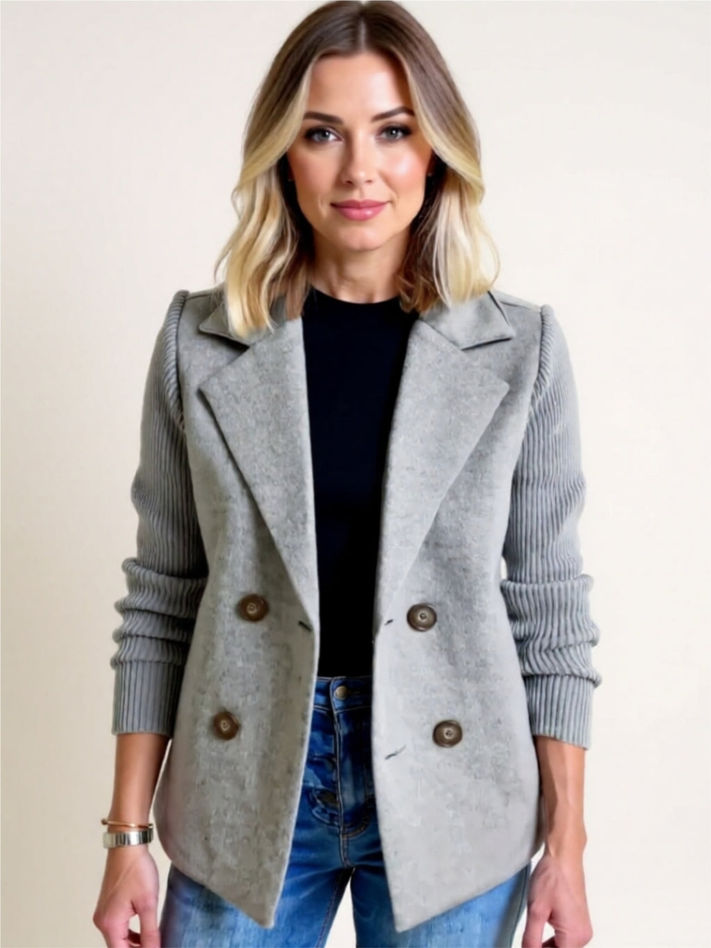 Double-Breasted Ribbed Sleeve Blazer