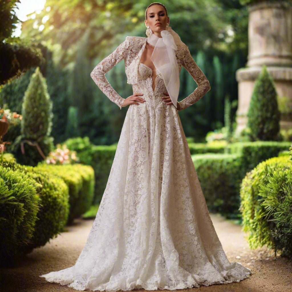 Lace Strapless A-line Wedding Gown with Detachable Long Sleeves