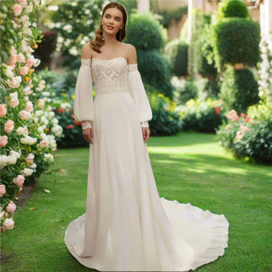 Detachable Puff Sleeve Lace A Line Bridal Gown