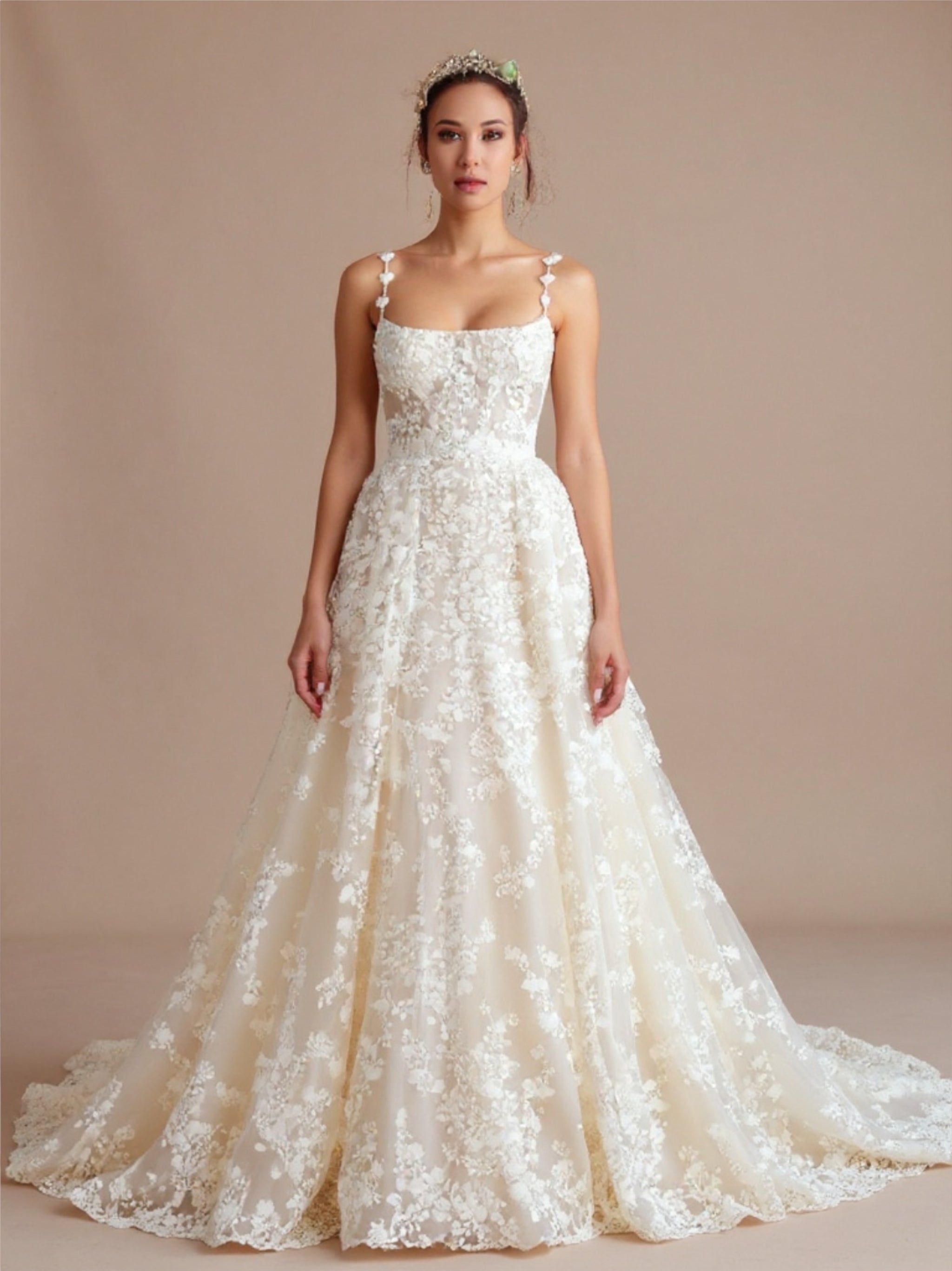 Spaghetti-Strapped Floral Appliquéd Wedding Dress