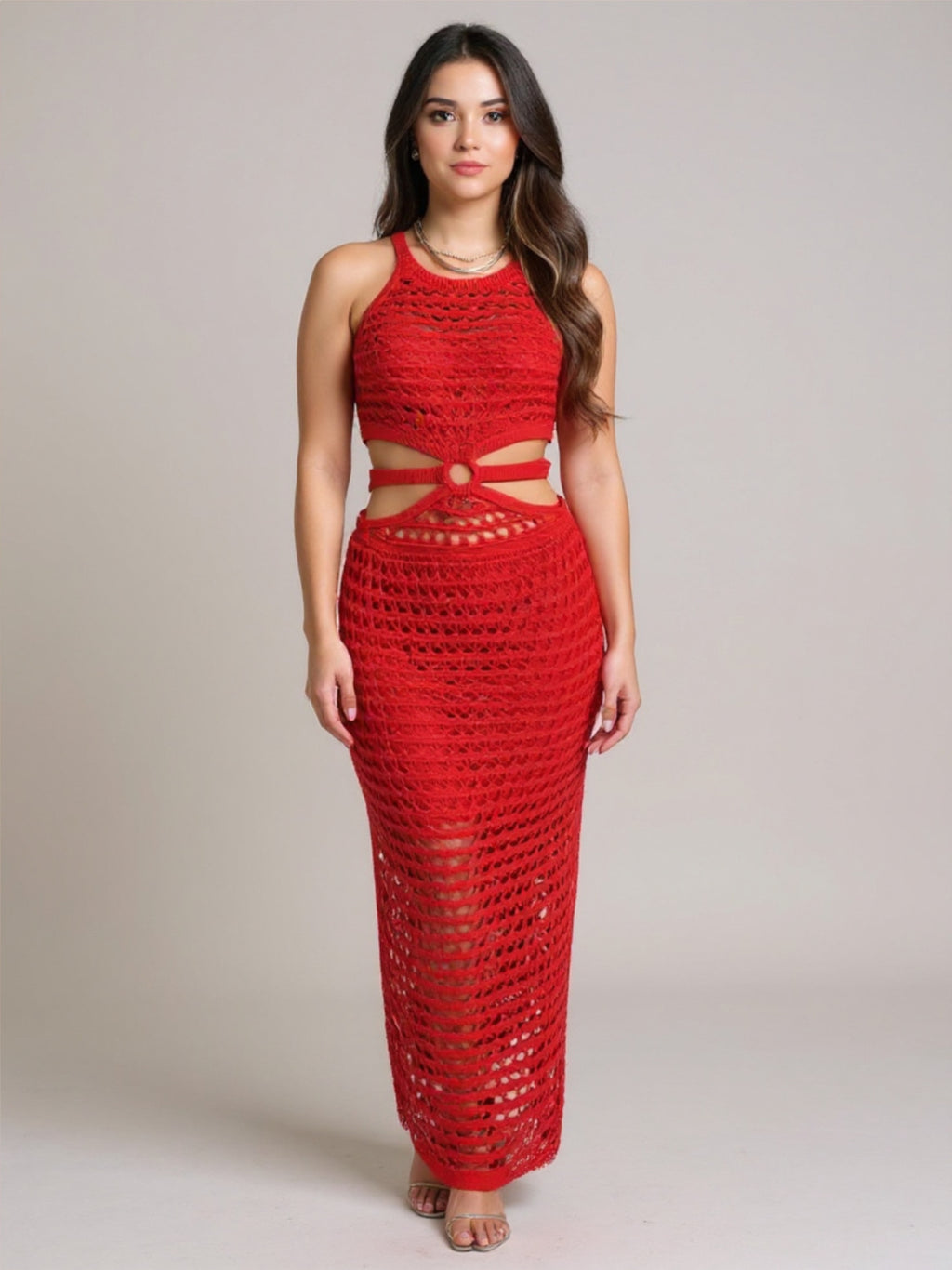 Round Neck Knit Dress with Slit & Cutouts
