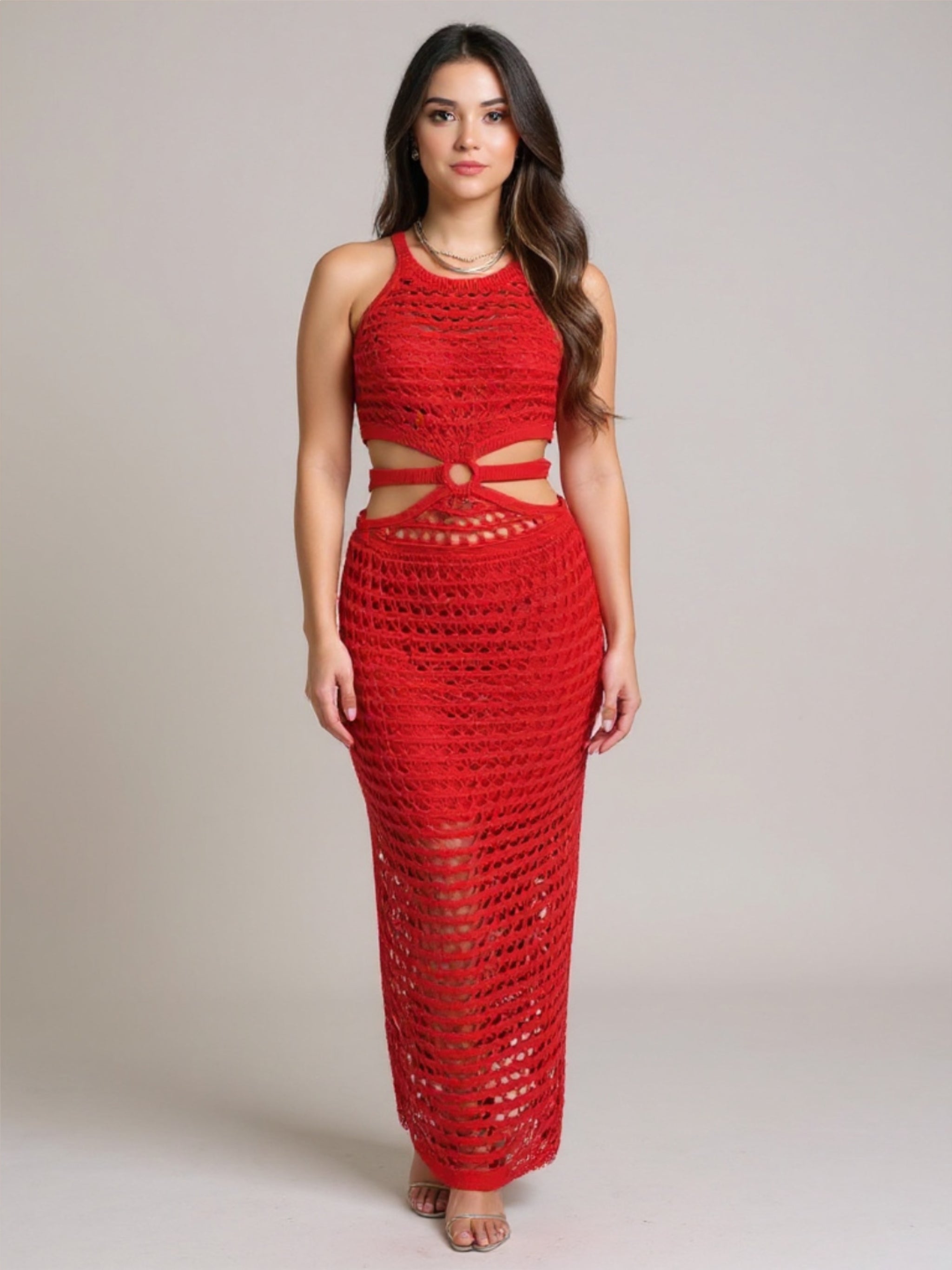 Round Neck Knit Dress with Slit & Cutouts