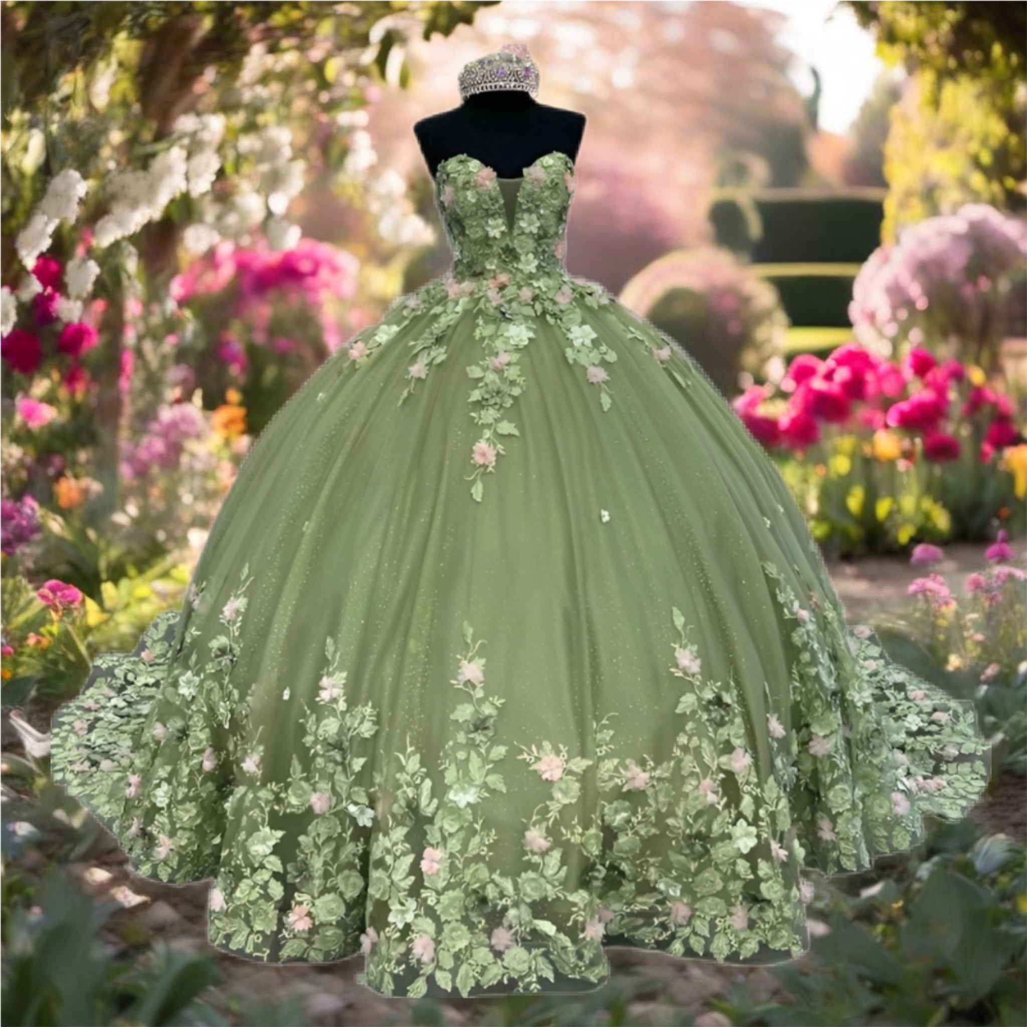 Green Quinceanera Dress with Floral Appliques