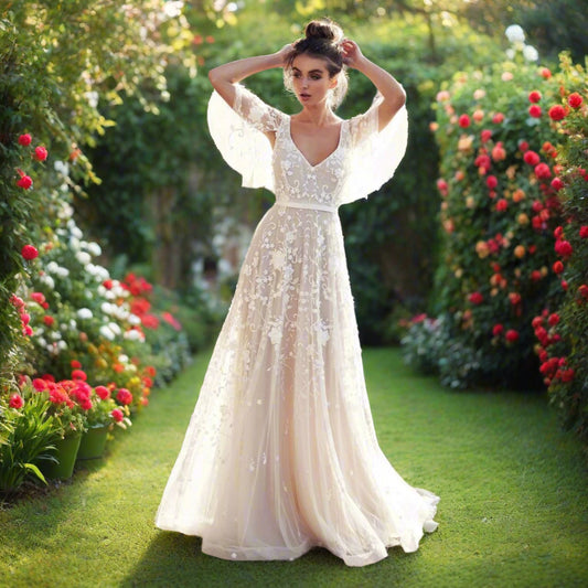 White Lace wedding Dress with Flare Sleeves
