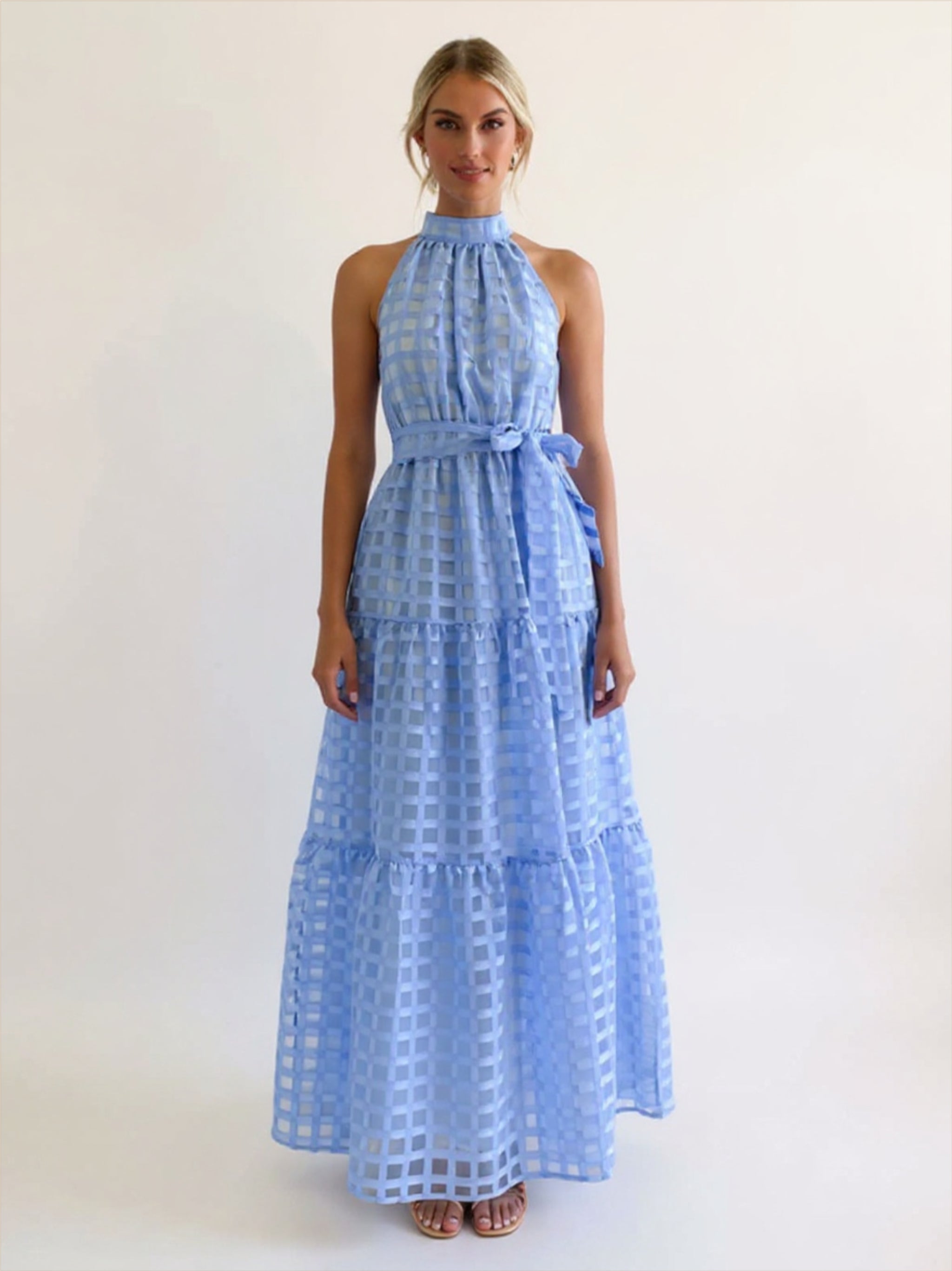 Solid Plaid Halter Neck Maxi Dress
