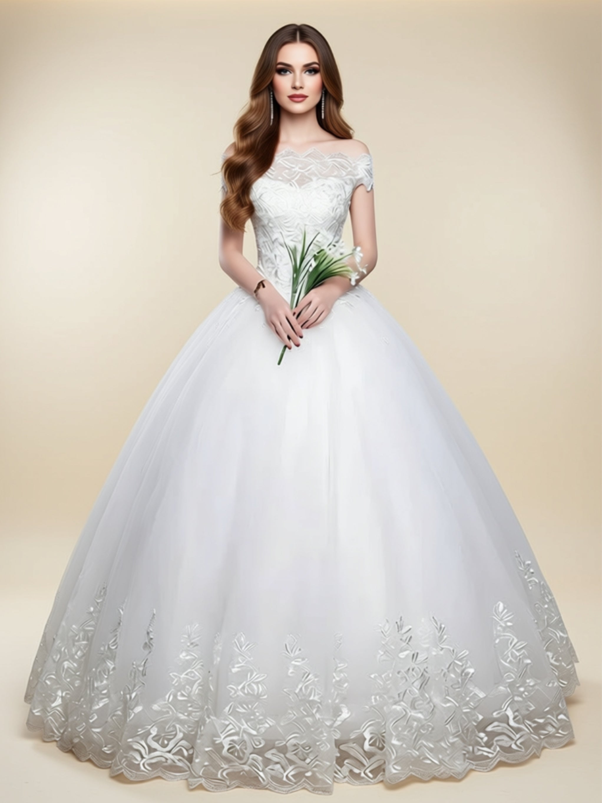 Off‑Shoulder Lace Ball Gown Wedding Dress