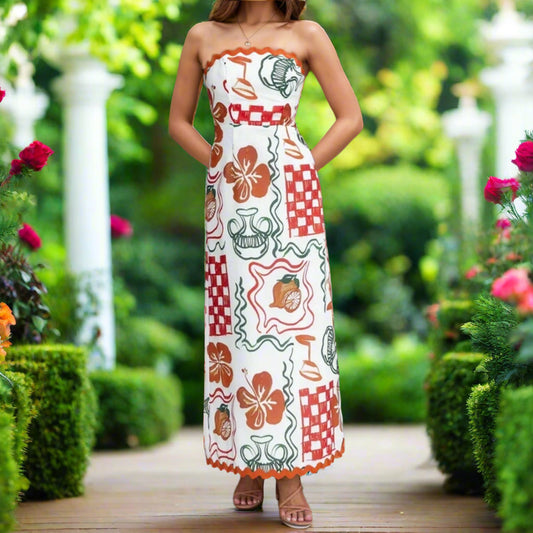 White Printed Strapless Maxi Dress