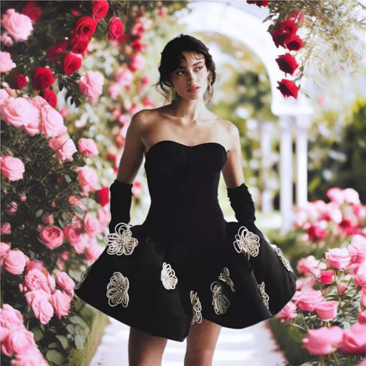 Black Floral Strapless Mini Dress