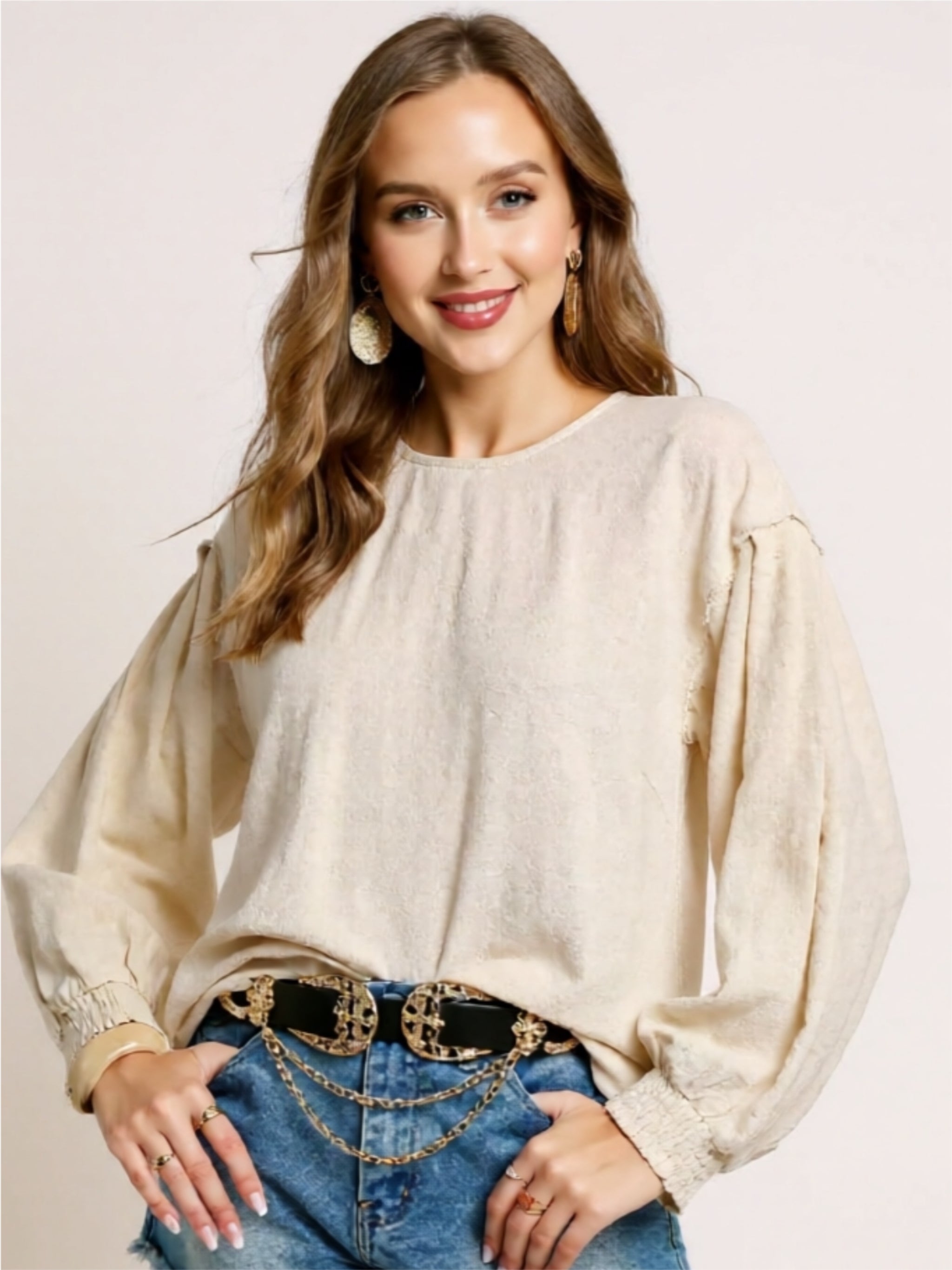Linen Scallop Hem Long Sleeve Blouse