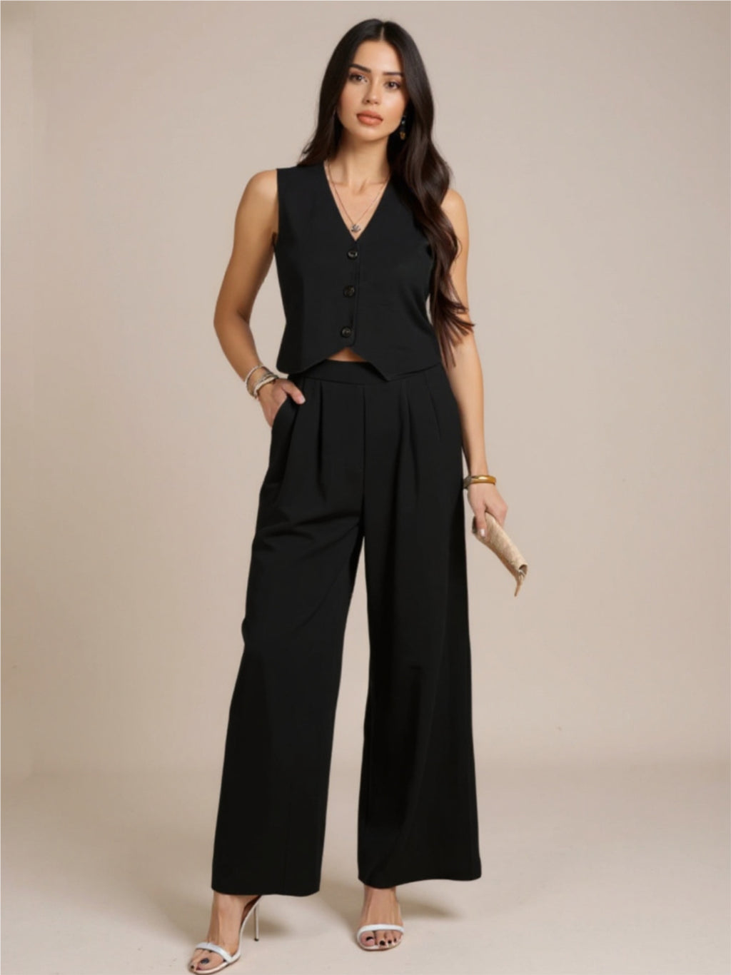 Devine Button Down Vest & Wide Leg Pants Set