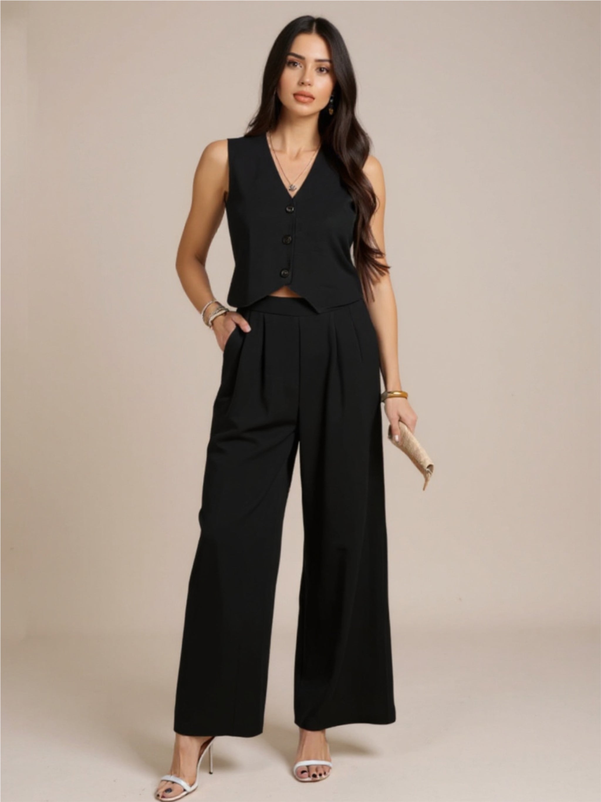 Devine Button Down Vest & Wide Leg Pants Set