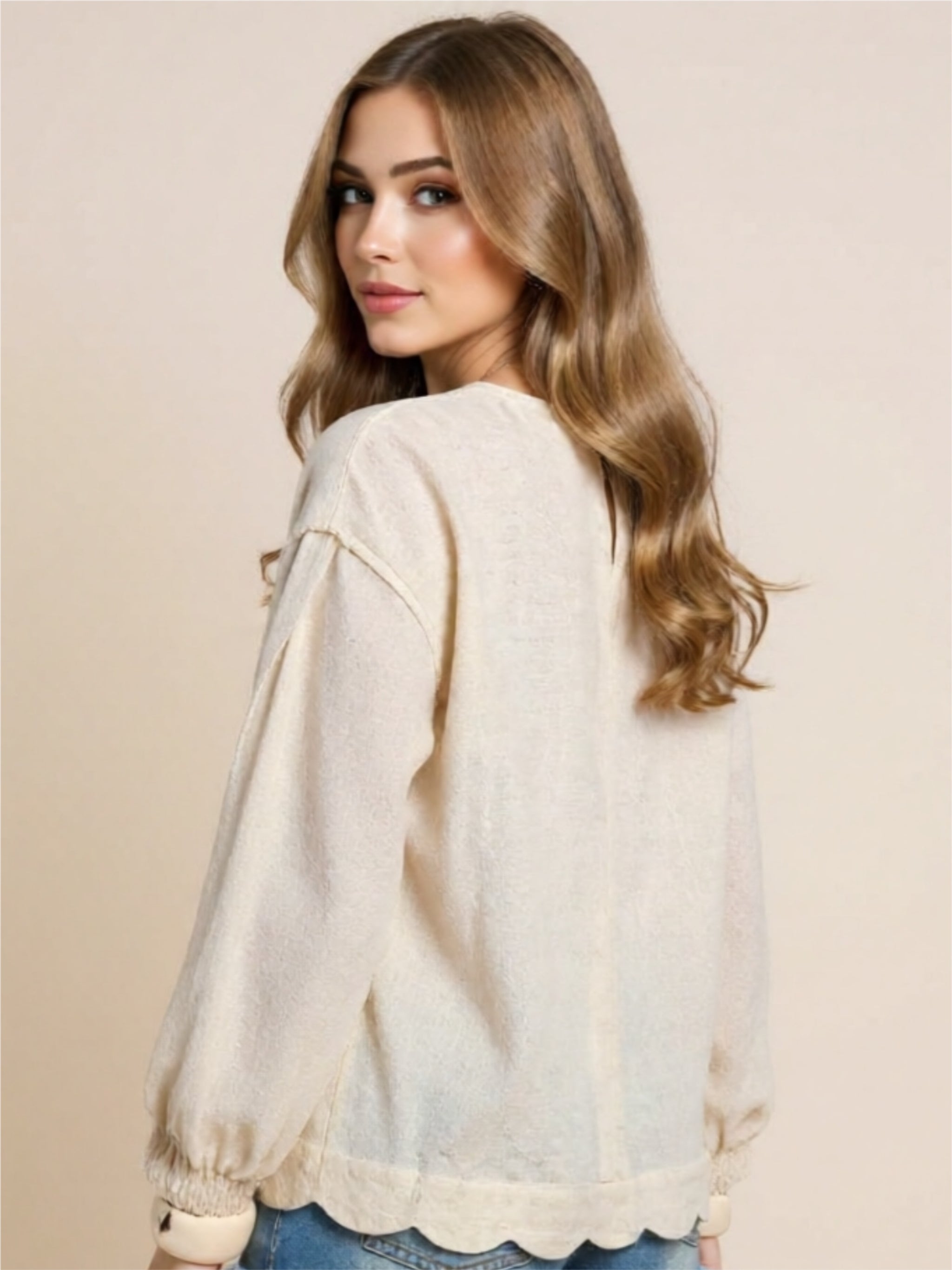 Linen Scallop Hem Long Sleeve Blouse