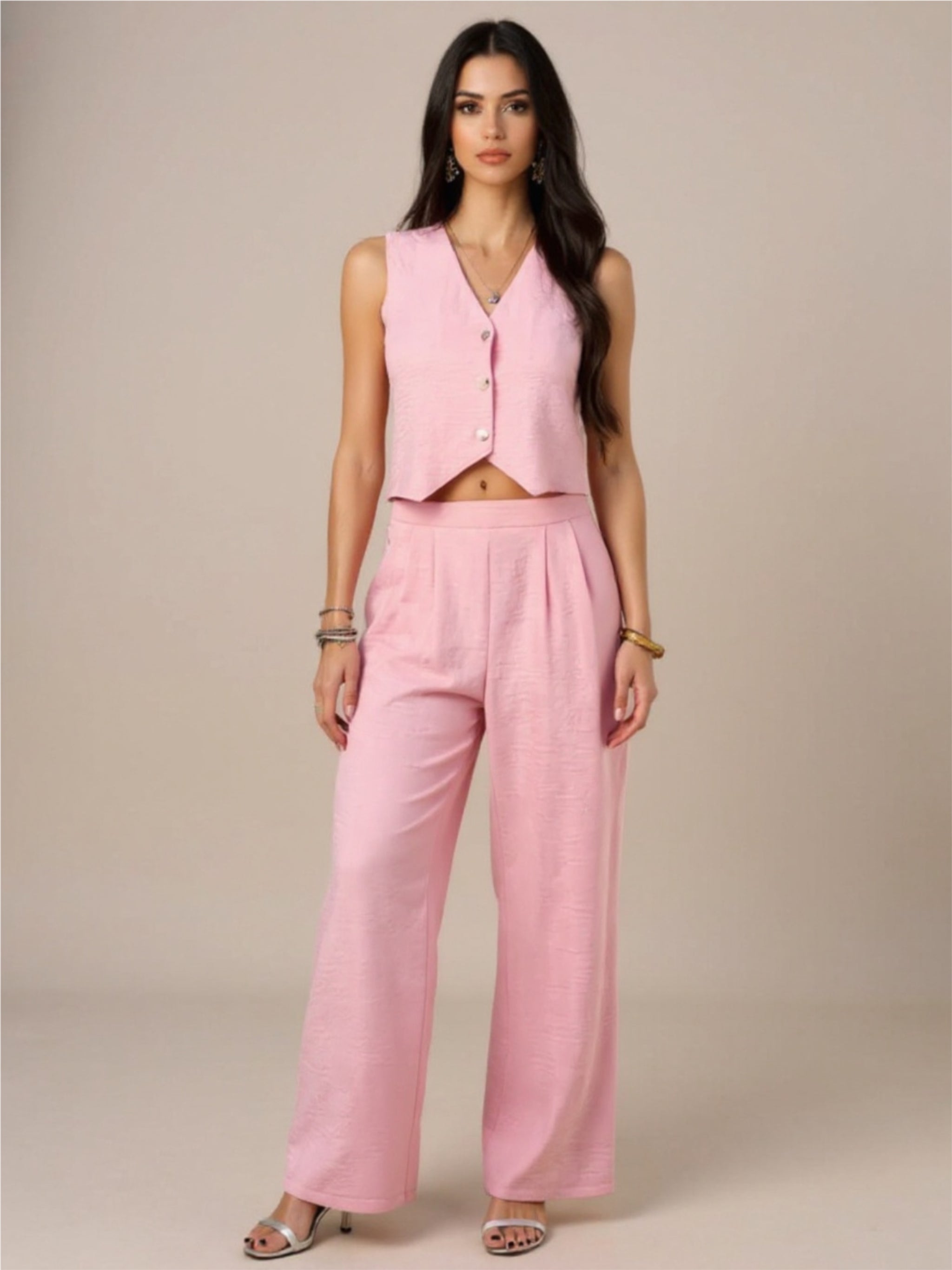Devine Button Down Vest & Wide Leg Pants Set