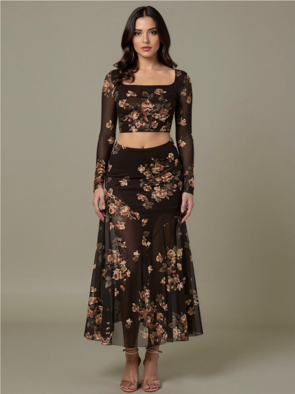 Floral Square Neck Top & Skirt Set