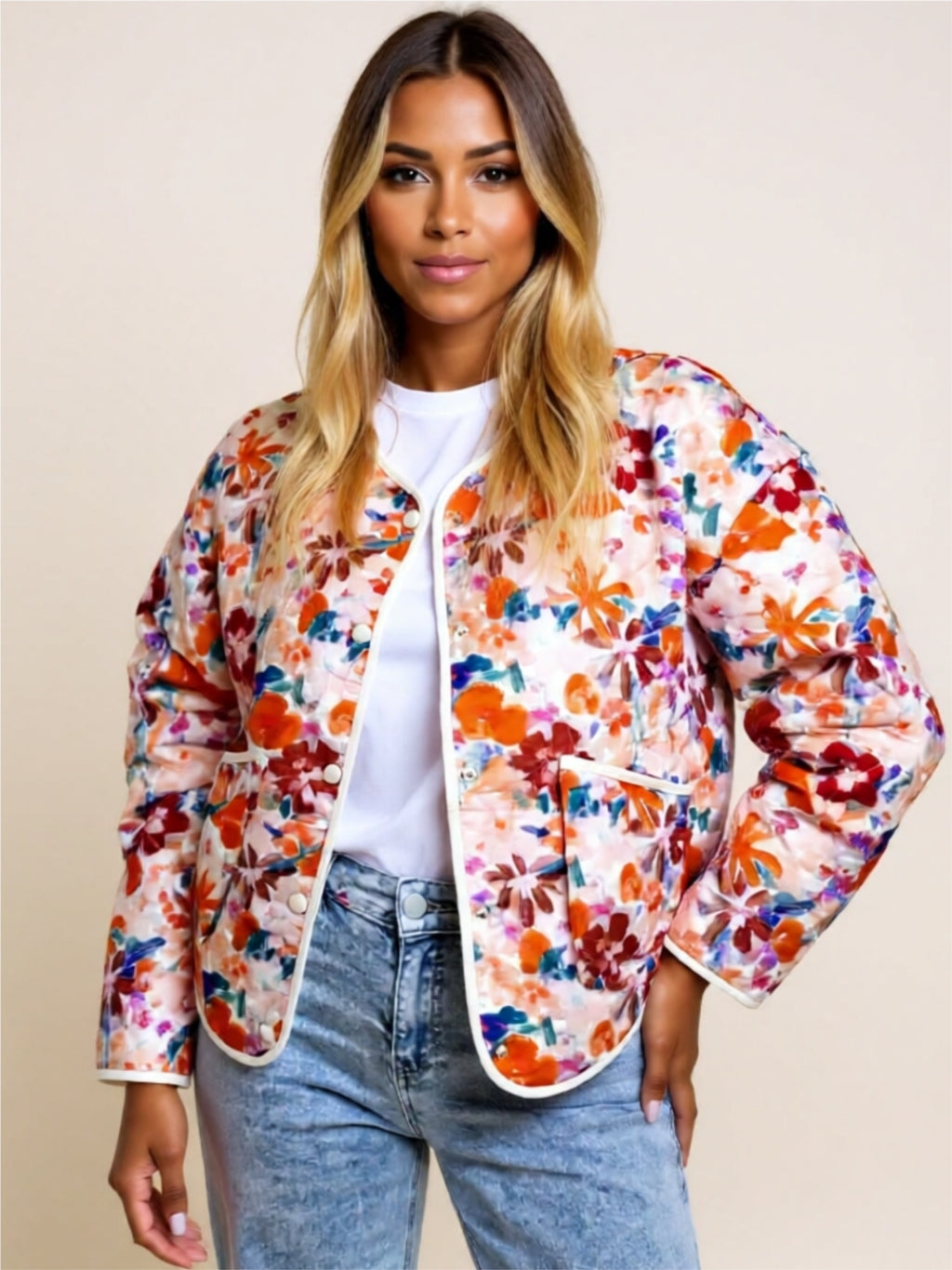 Floral Print Buttoned Quilted Jacket with Pockets