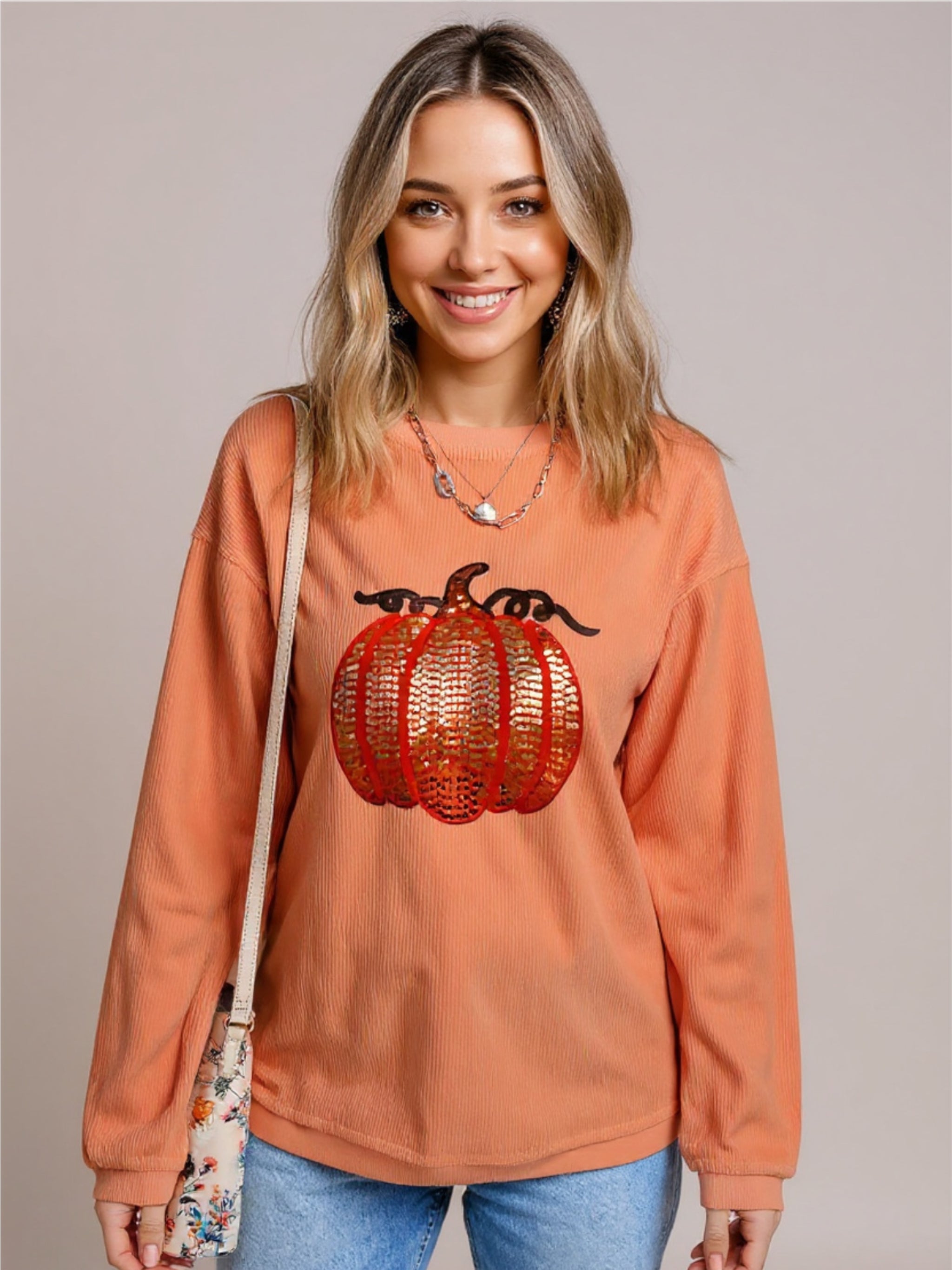 Sequin Pumpkin Round Neck Sweatshirt
