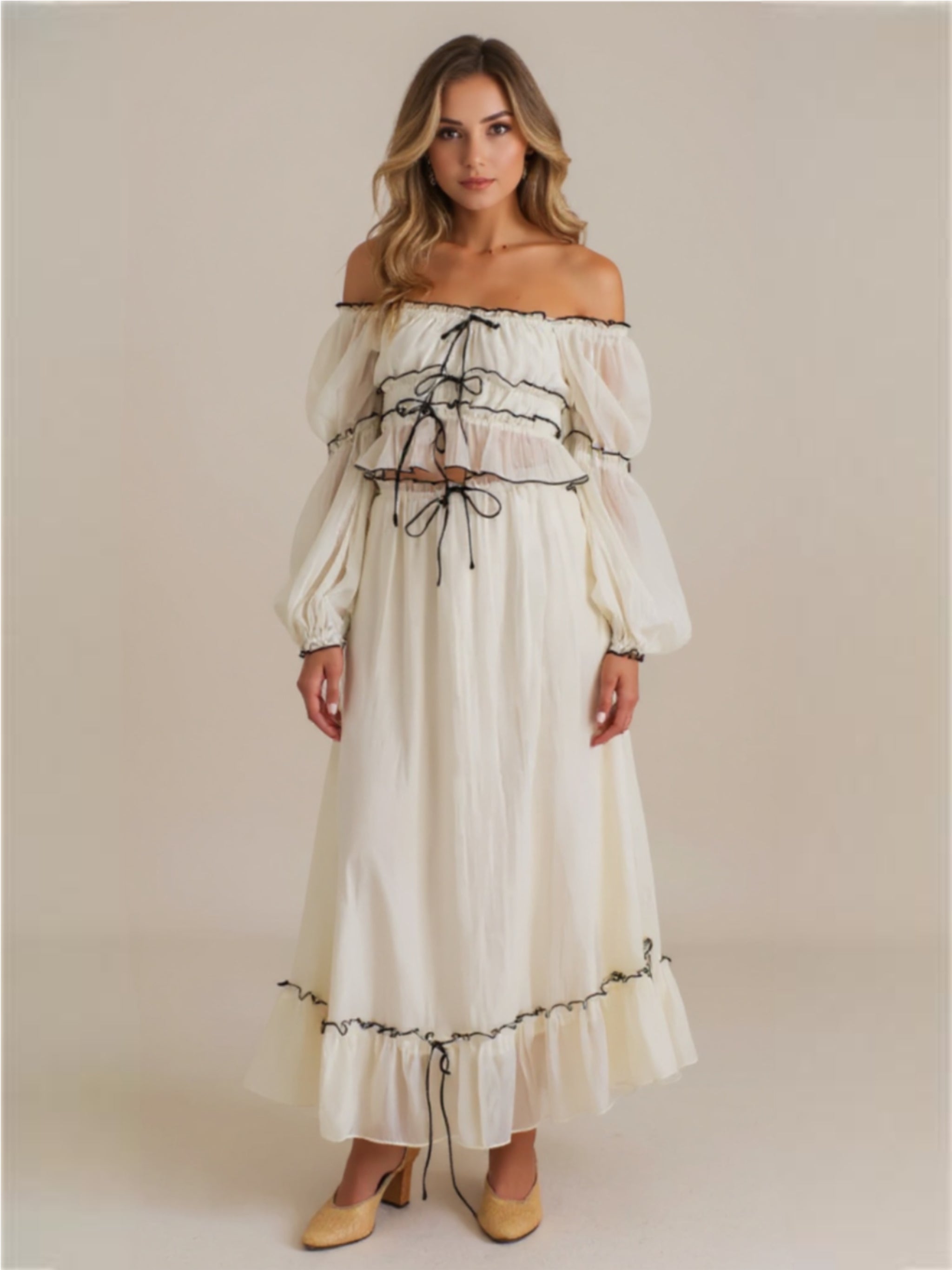 Cream Off-Shoulder Top & Skirt Set