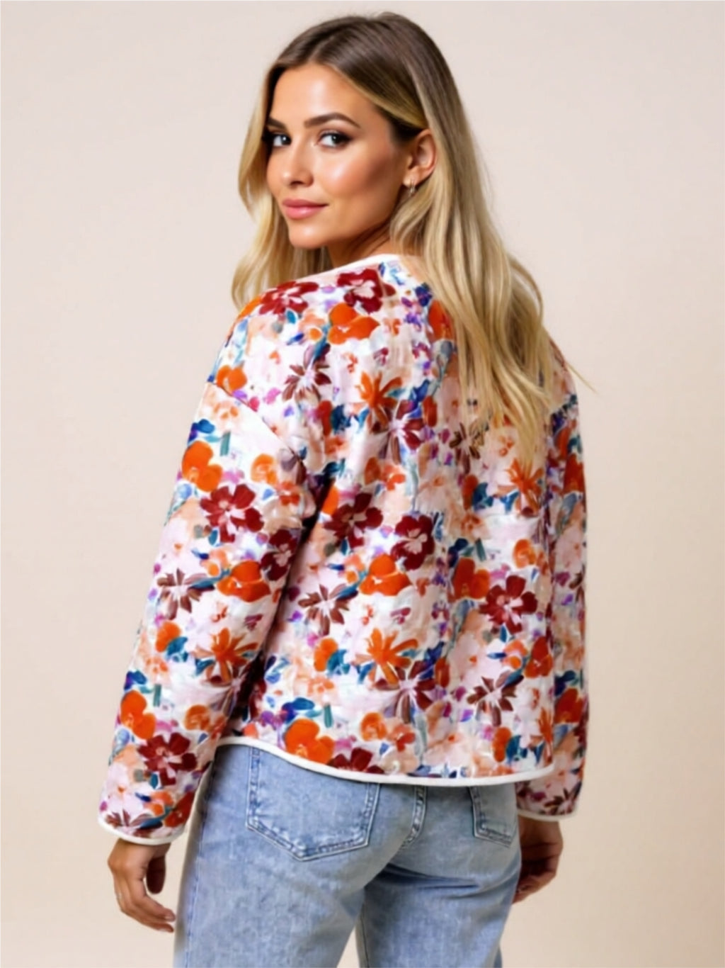 Floral Print Buttoned Quilted Jacket with Pockets