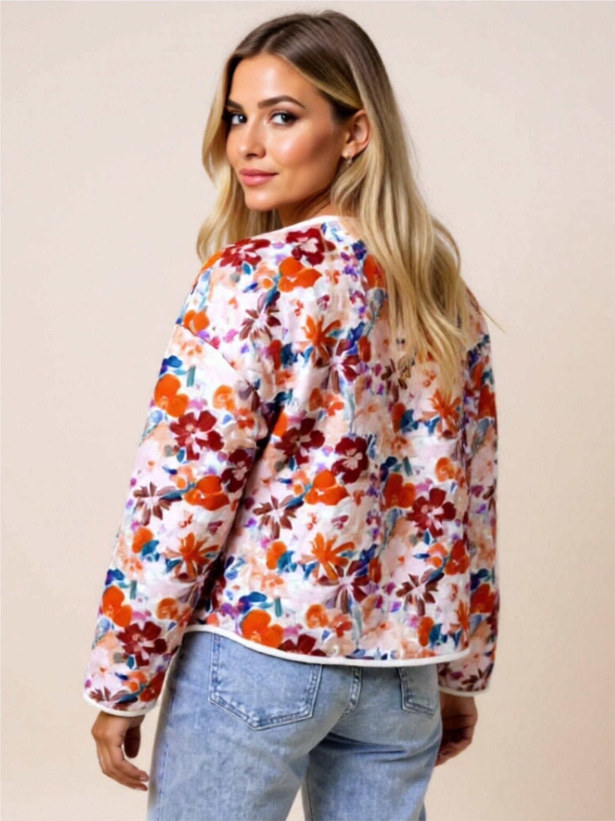 Floral Print Buttoned Quilted Jacket with Pockets