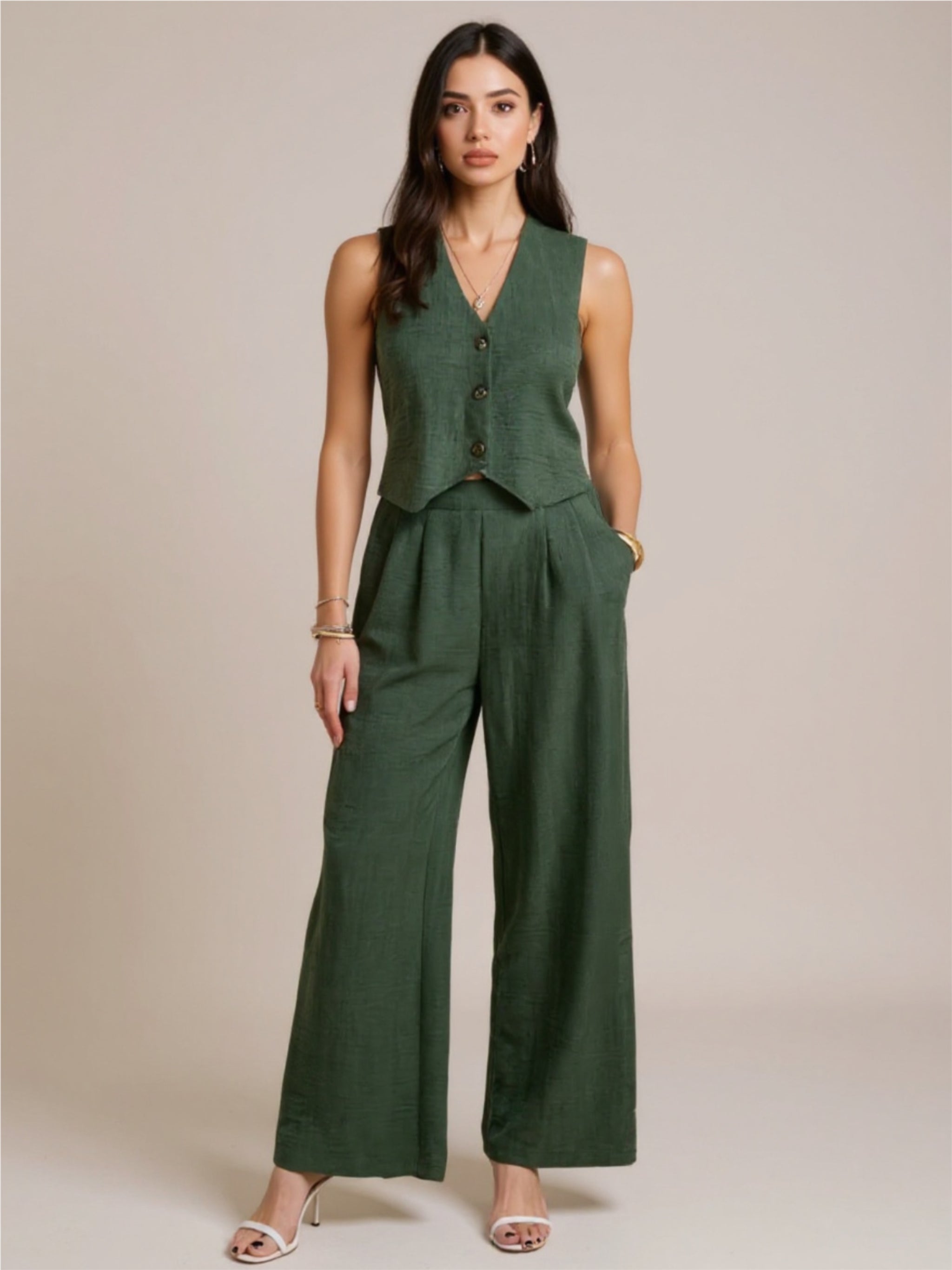 Devine Button Down Vest & Wide Leg Pants Set