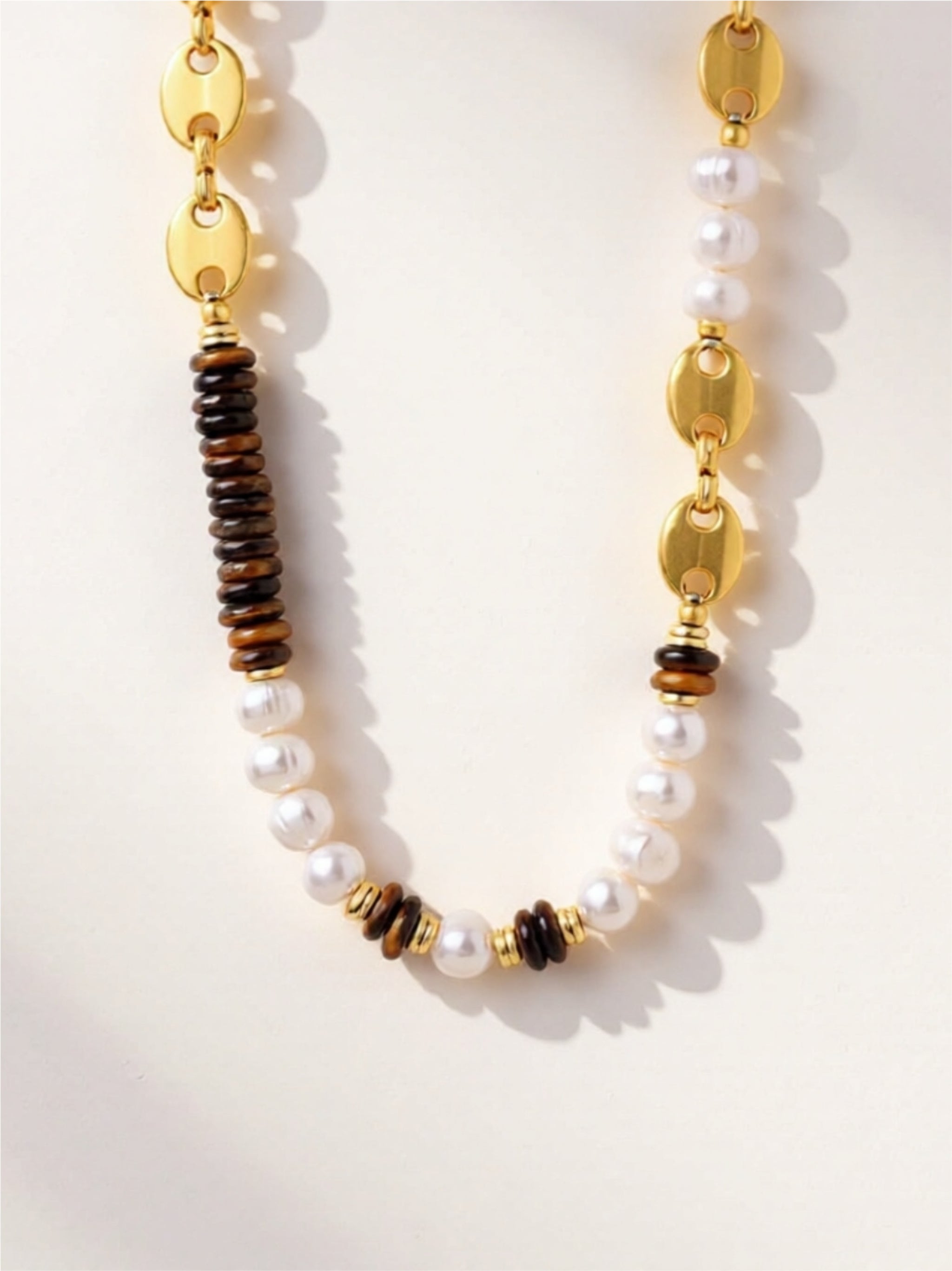 18K Gold Titanium Steel pearl & Tiger Eye  Necklace
