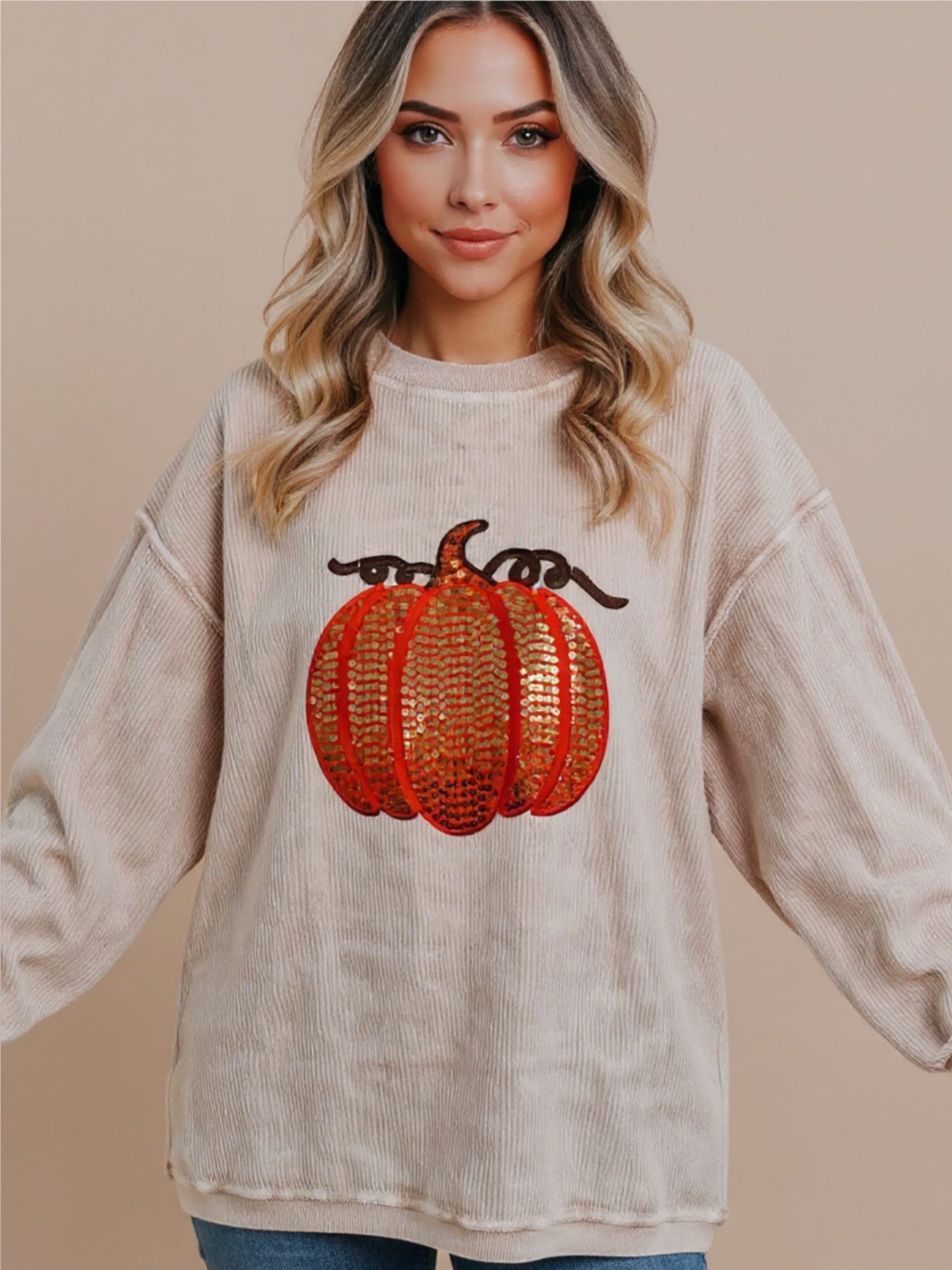 Sequin Pumpkin Round Neck Sweatshirt