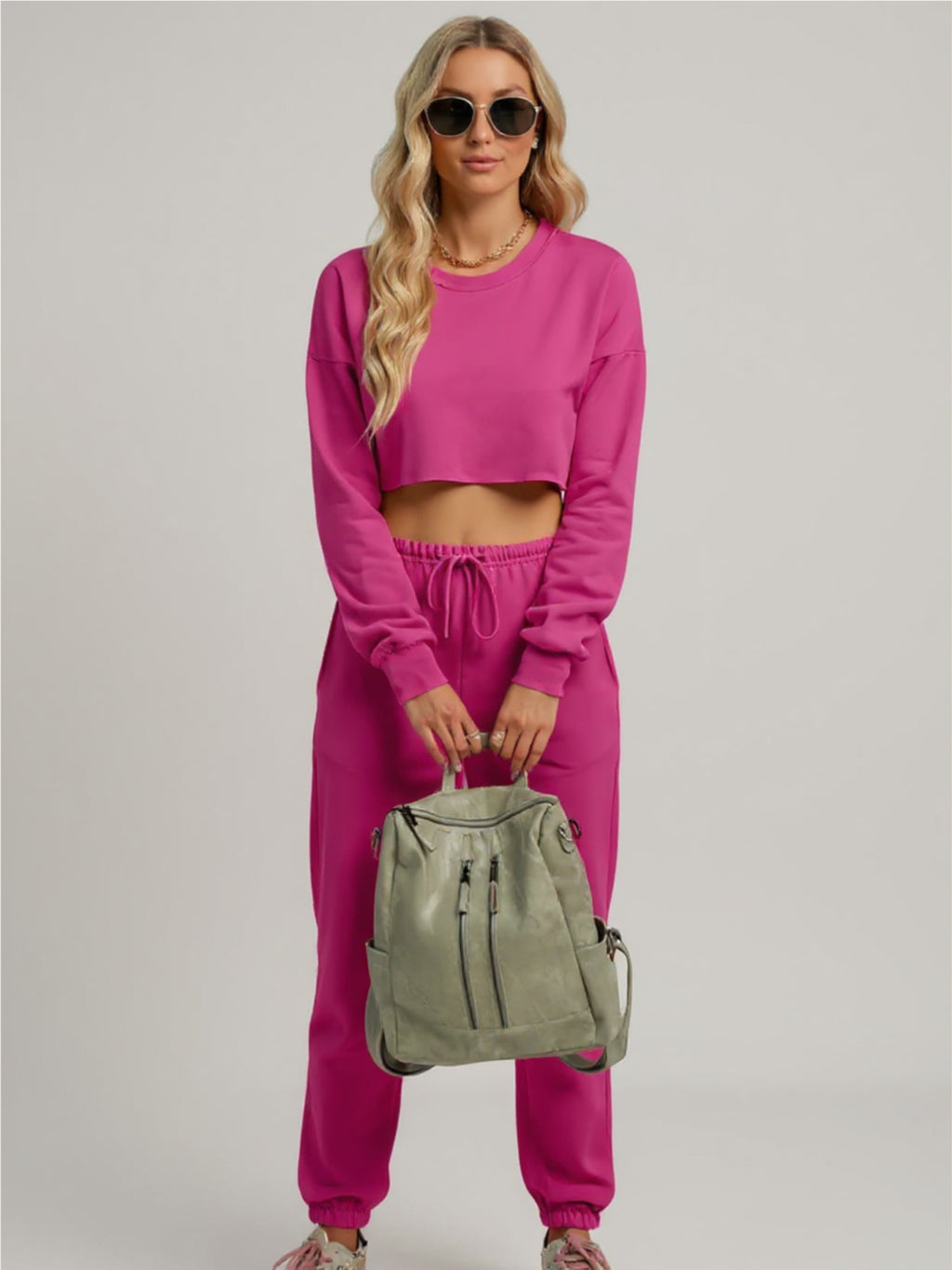 Pink Long Sleeve Cropped Top & Pants Set