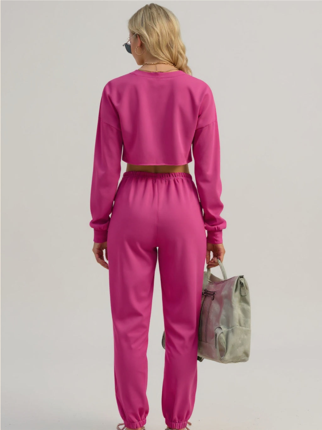 Pink Long Sleeve Cropped Top & Pants Set