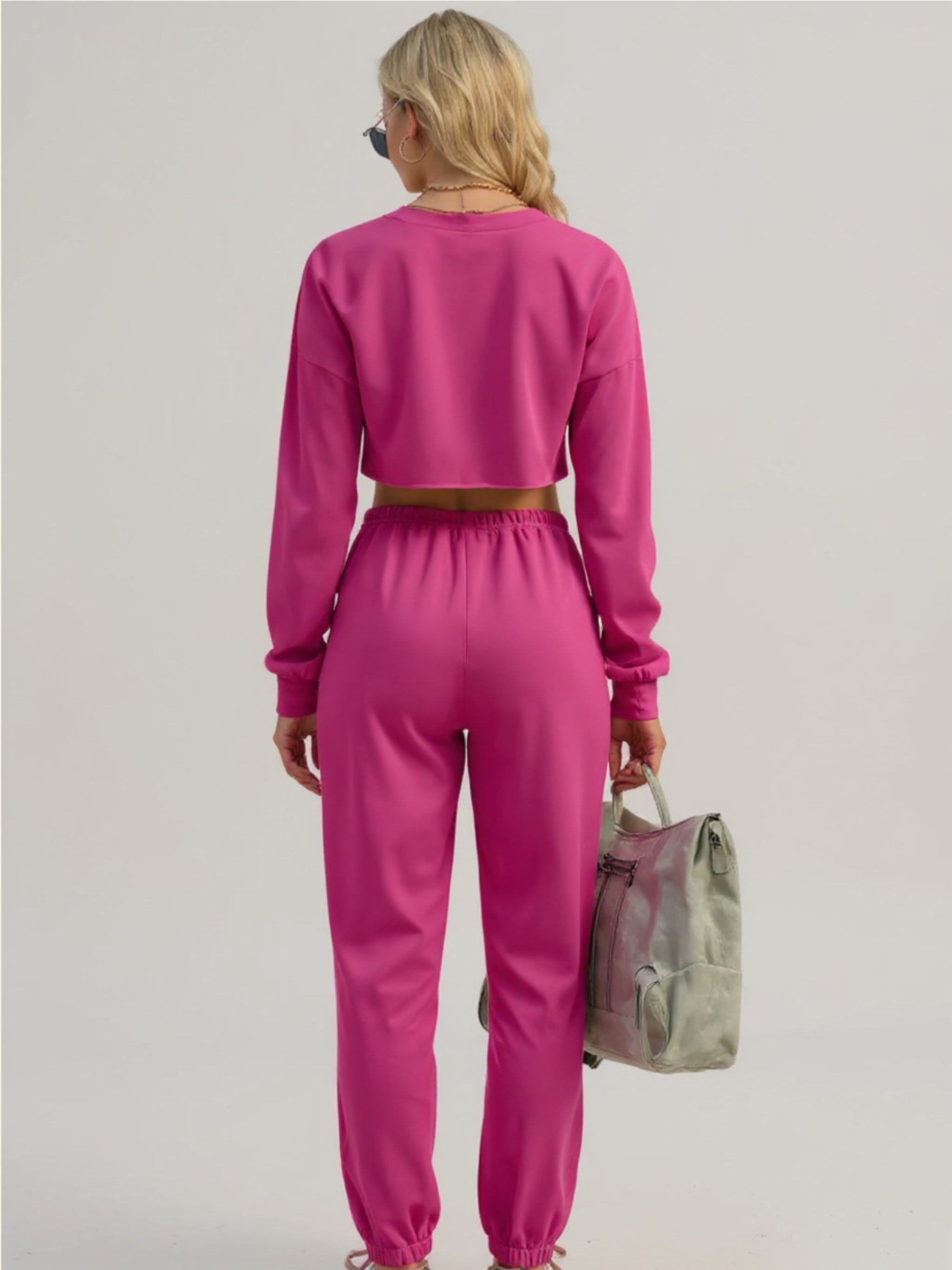 Pink Long Sleeve Cropped Top & Pants Set