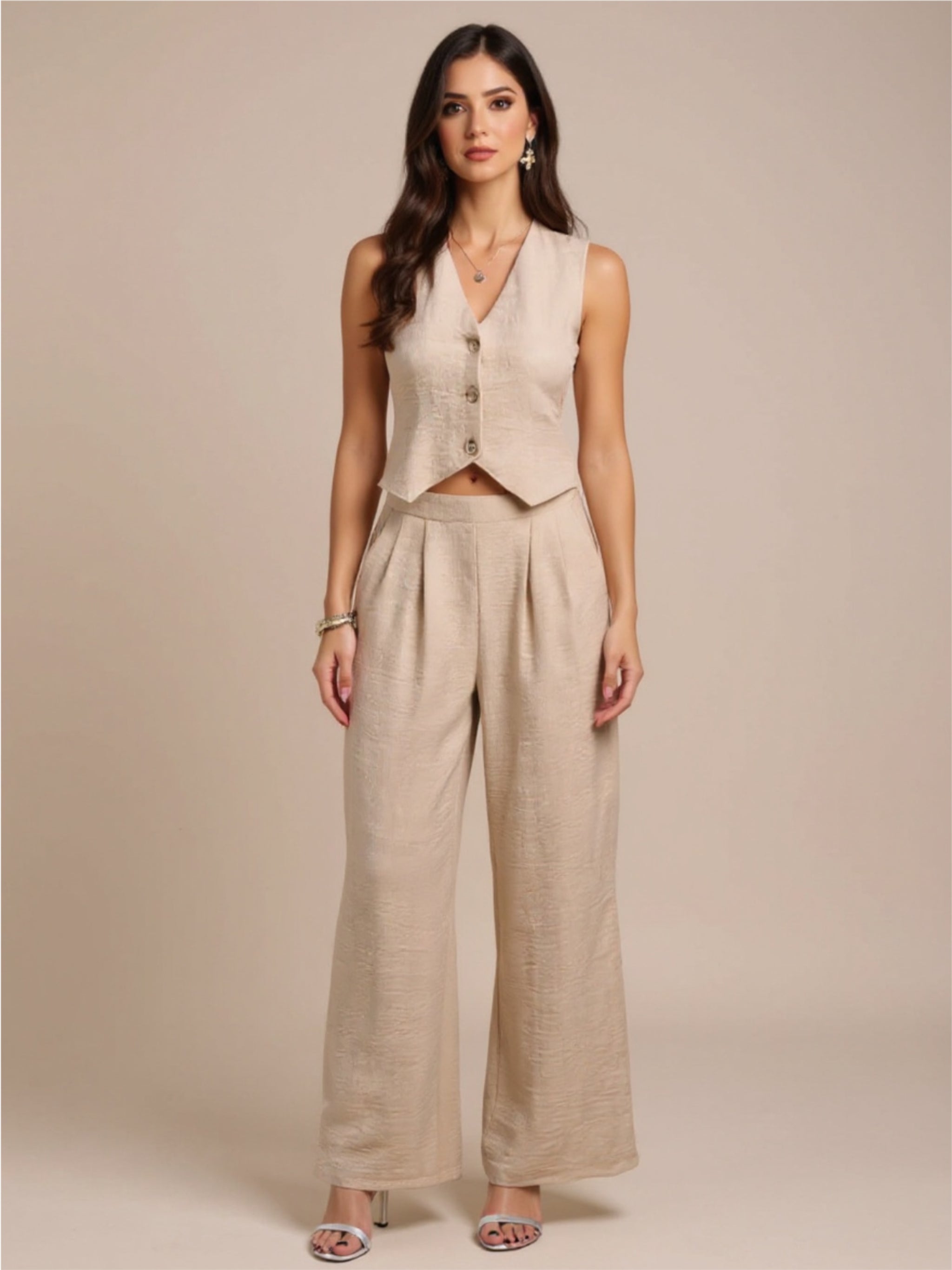 Devine Button Down Vest & Wide Leg Pants Set