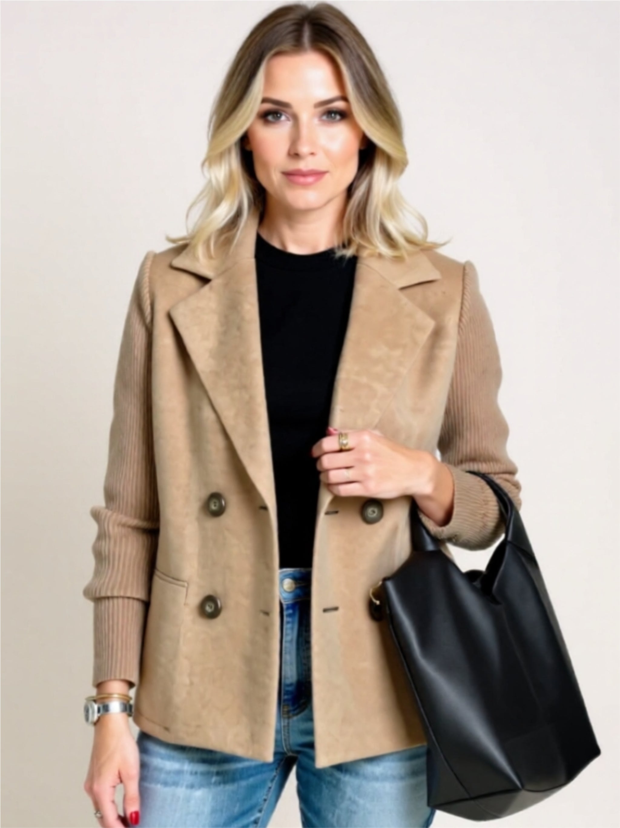 Double-Breasted Ribbed Sleeve Blazer