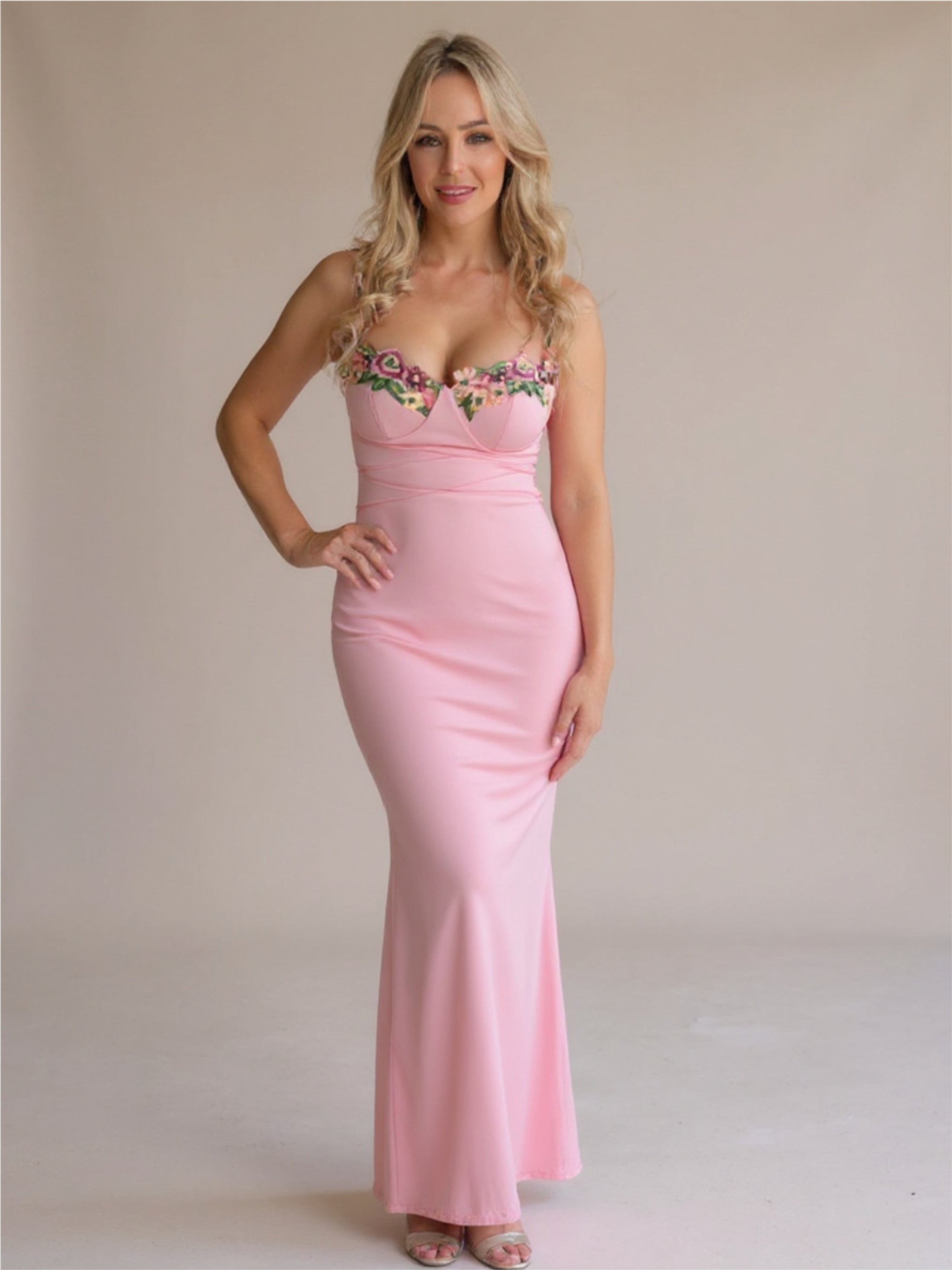 Pink Bodycon Maxi Dress with Floral Trim