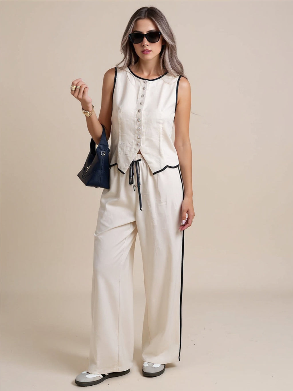 Beige Button-Up Tank & Wide-Leg Pants Set