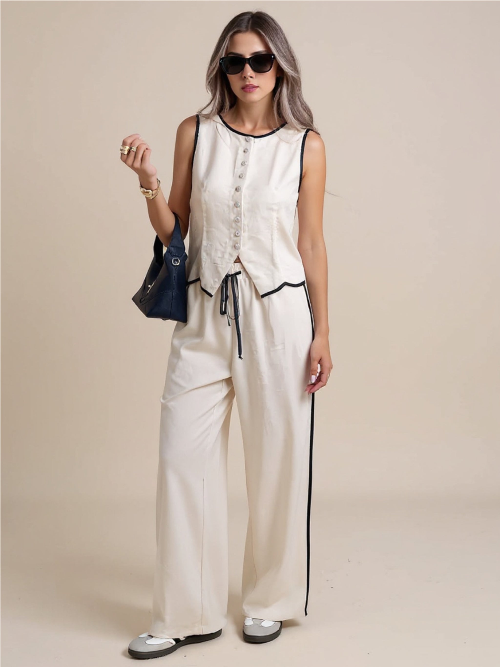 Beige Button-Up Tank & Wide-Leg Pants Set